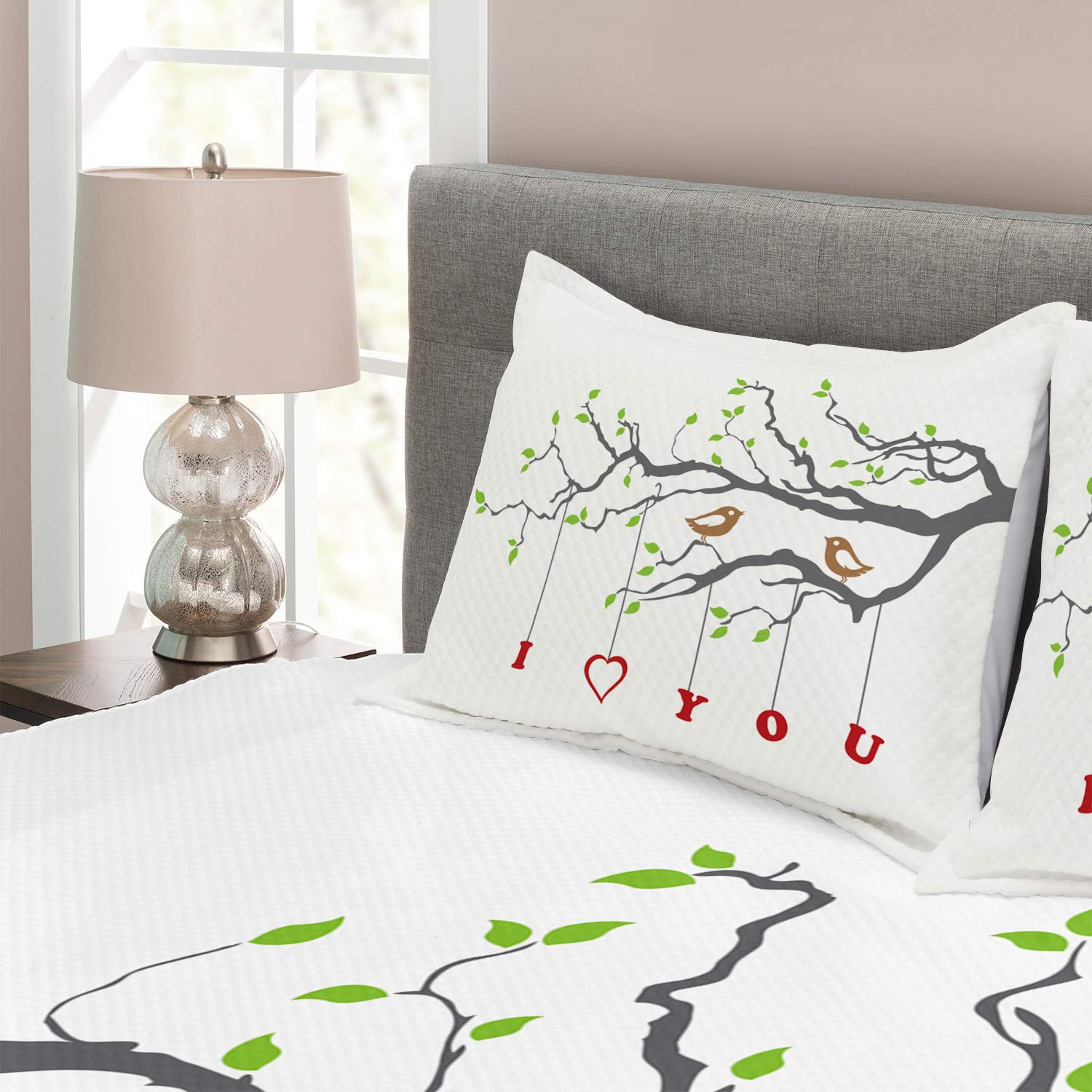 Ambesonne I Love You King Size Bedspread Set - 3 Piece Romantic Love Birds on Tree Branch Art Print Bedding with 2 Pillow Shams in Grey Red Fern Green | Spring Inspired Bedroom Decor for Couples & Master Suite