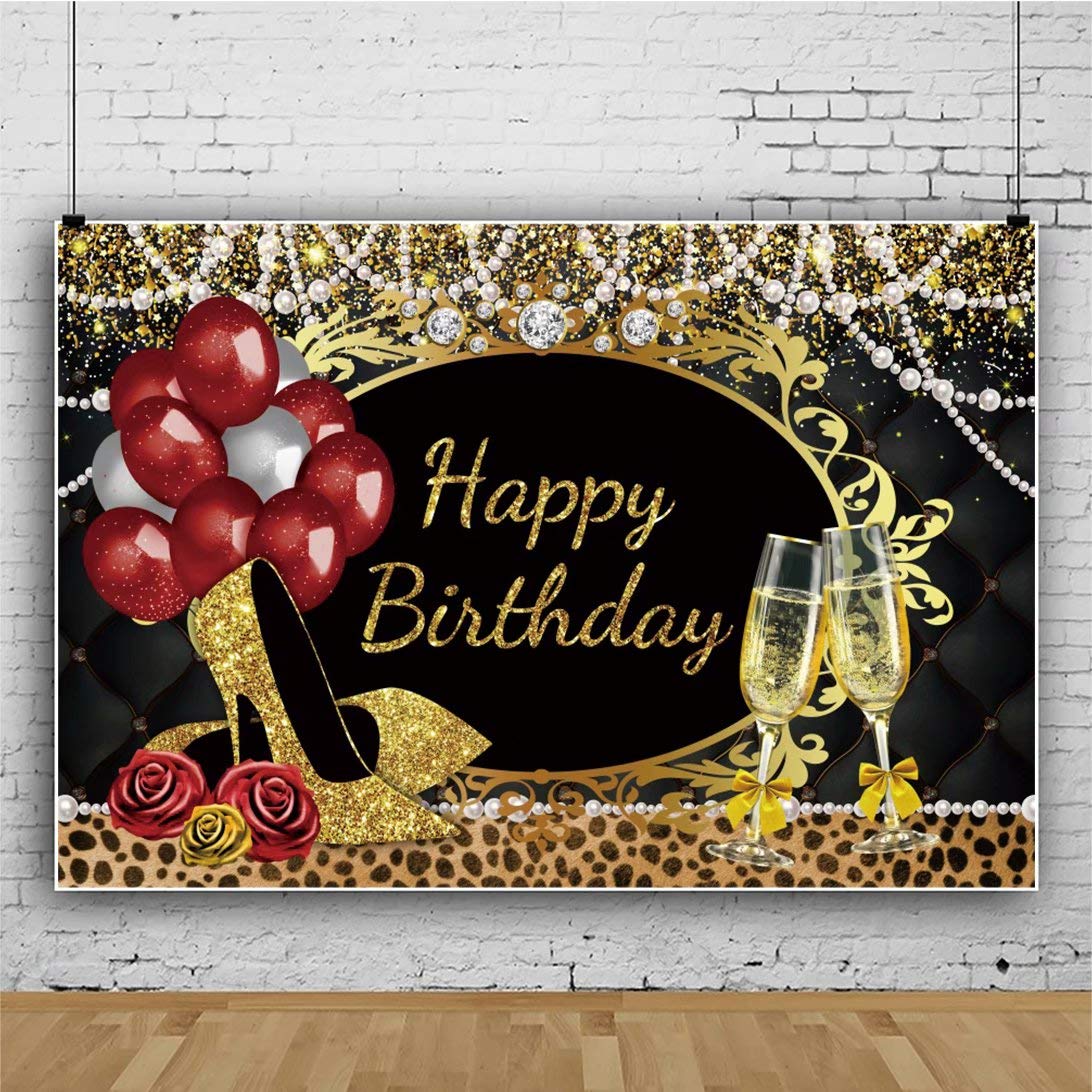 Glitter Gold Black Birthday Photography Backdrop - 5x3ft Pearl Shiny Sequin Vinyl Photo Background for Women's Bday Party, Studio Props, Elegant Champagne Golden High Heels Theme - Perfect for Adult Birthday Celebrations, Girls' Parties & Professional Photography Sessions