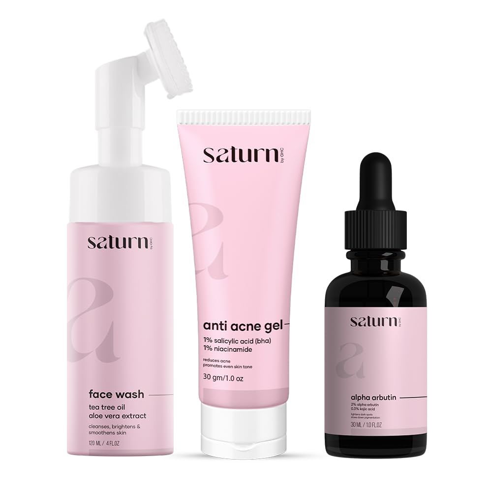 GHC Skin Care Saturn Set: Foaming Face Wash 120ml, Anti-Acne Gel 30g & Alpha Arbutin Serum 30ml for Pigmentation & Dark Spots Removal | Complete Skincare Routine for Clear, Bright Skin | Perfect for Daily Use & Travel