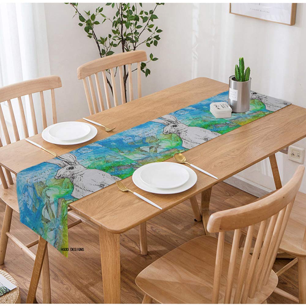 HGOD DESIGNS White Rabbit Painting Cotton Linen Table Runner - 14x72 Inch Blue Green Art Kitchen Decor for Dining Table, Tea Party & Holiday Placemats | Perfect for Easter, Spring Celebrations & Farmhouse Style Home Decor