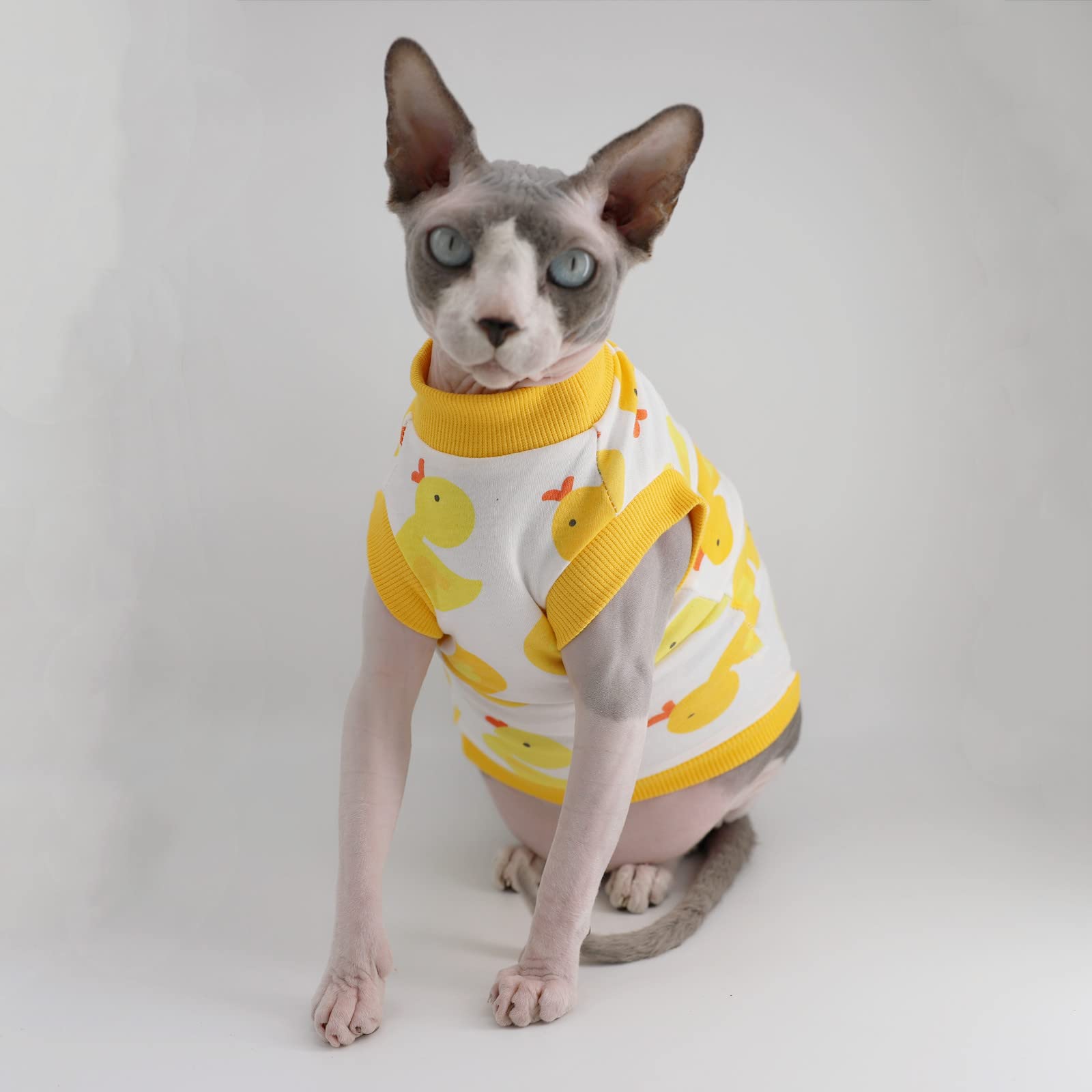 Breathable Sphynx Hairless Cat Summer Cotton T-Shirt - Round Neck Sleeveless Vest for Cats & Small Dogs (XX-Large, Yellow Ducks) | Perfect for Outdoor Adventures & Photo Shoots