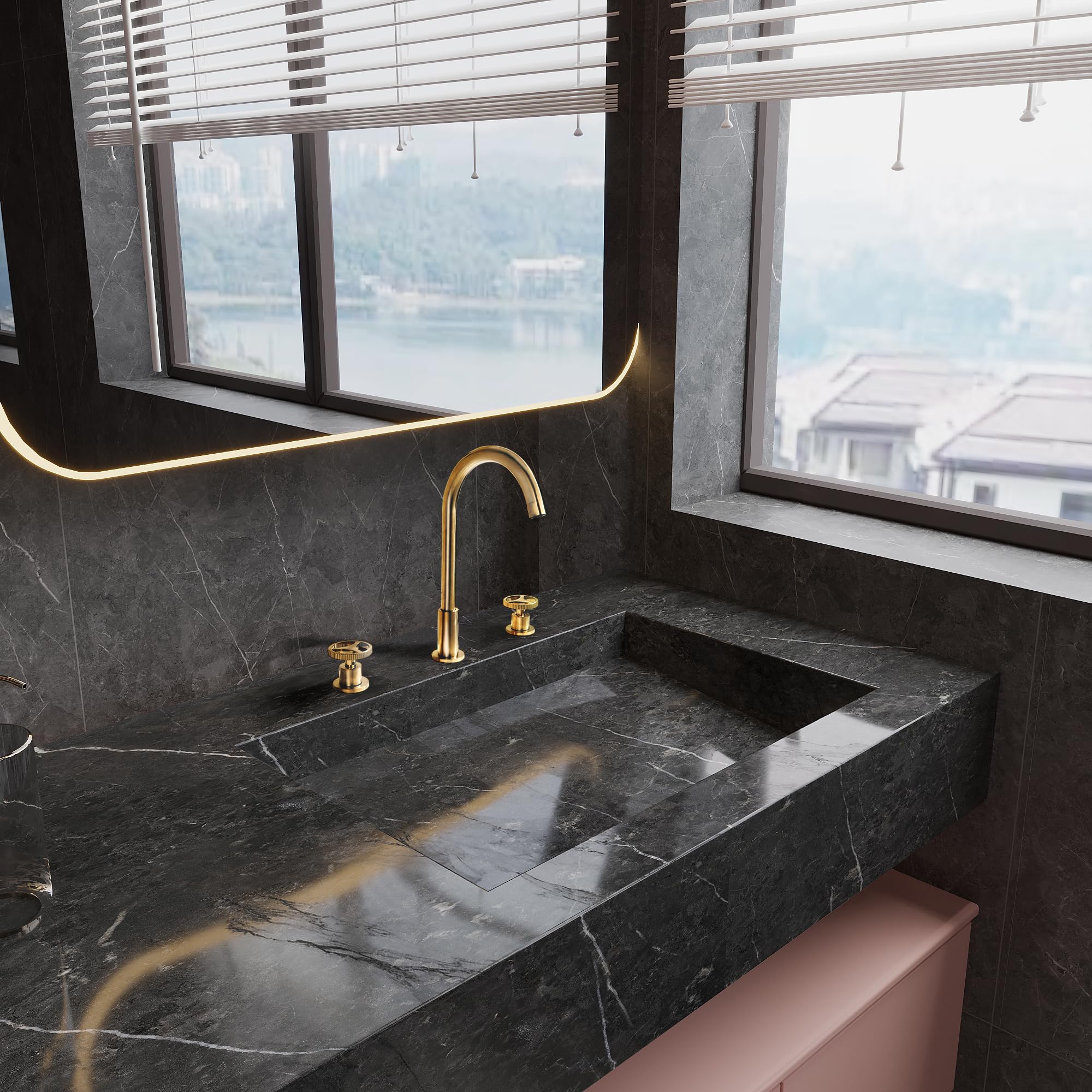 Modern Brushed Gold Widespread Two-Handle Bathroom Vanity Faucet - Deck Mount 3-Hole Gooseneck Sink Faucet for Bathroom & Powder Room Renovation | Perfect for Contemporary Home Decor