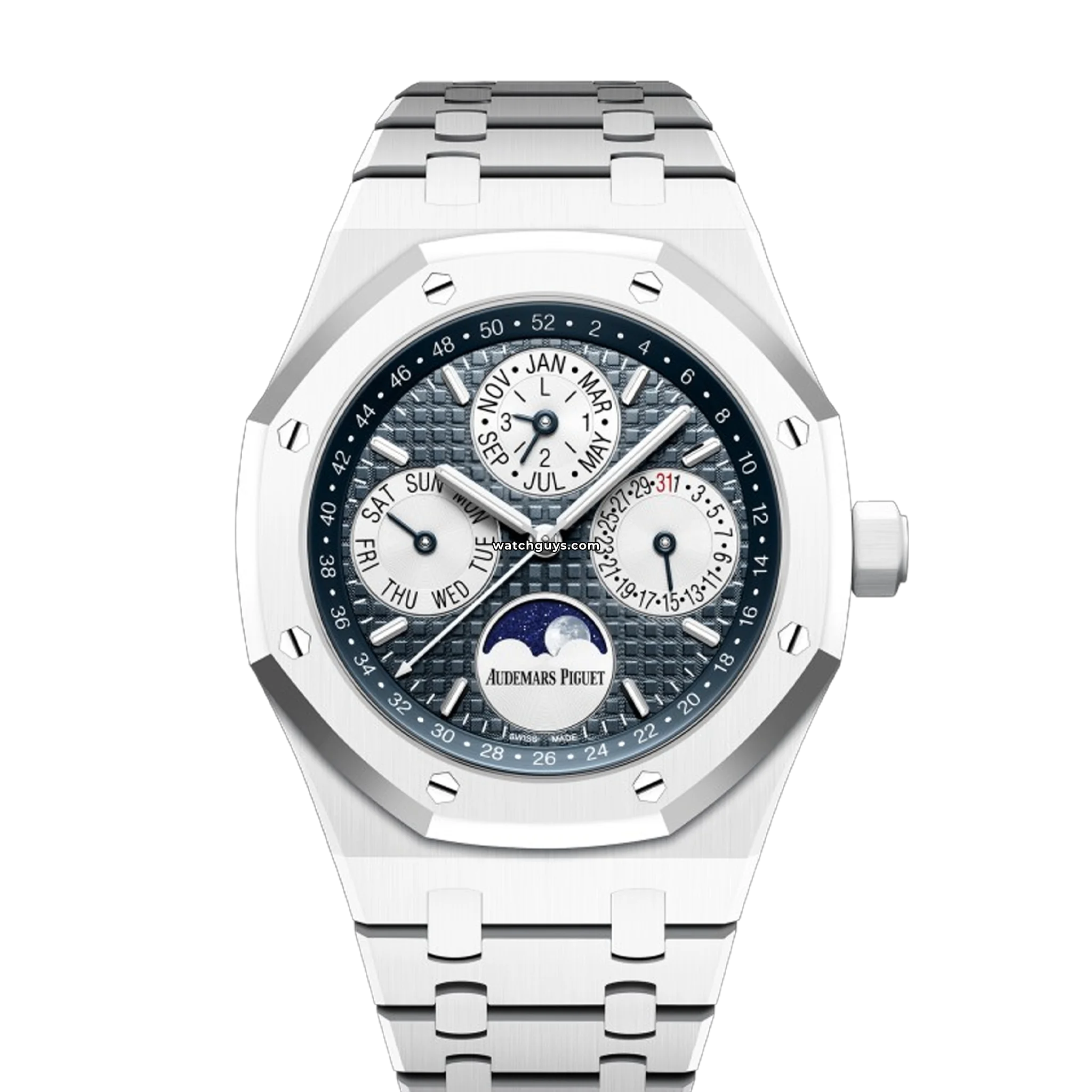 Audemars Piguet Royal Oak Perpetual Calendar 26579CB.OO.1225CB.01 Luxury Men's Watch - Swiss Made Automatic Movement, 18K White Gold Case, Blue Dial - Perfect for Business Meetings & Formal Events
