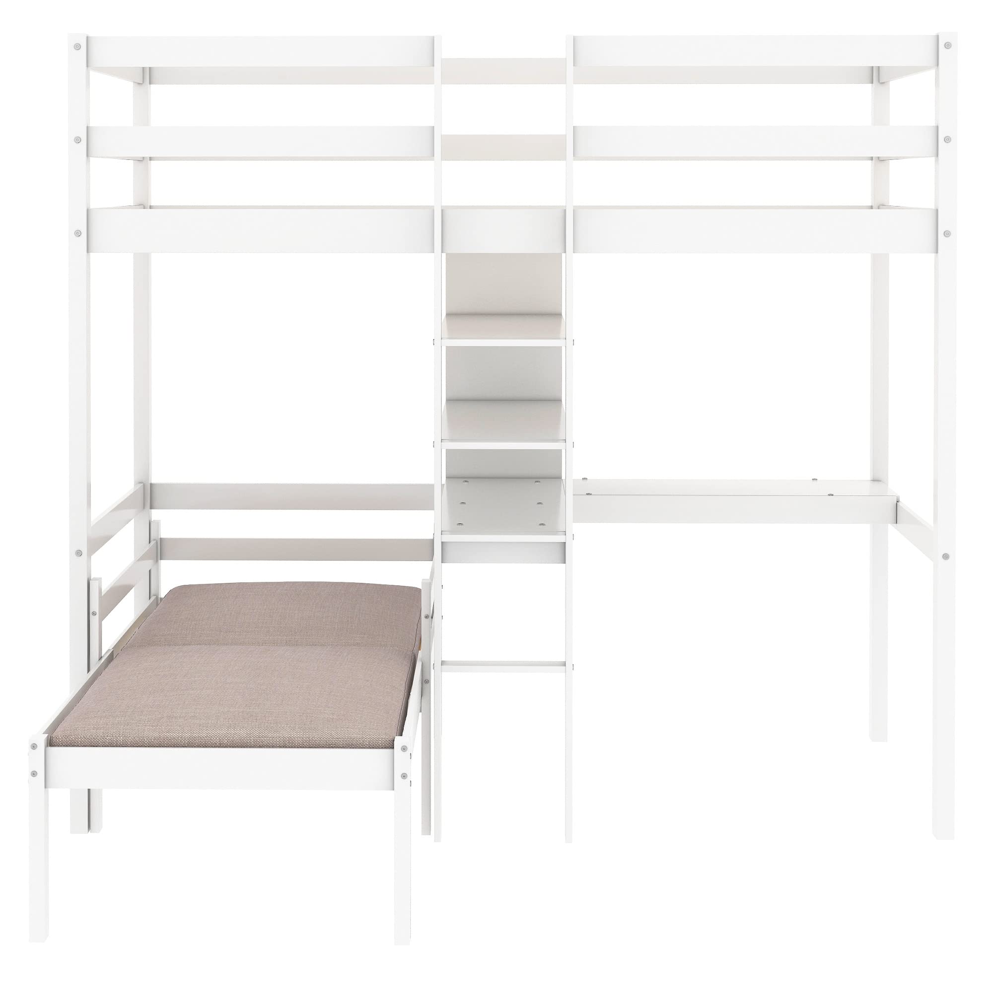 SOFTSEA L-Shaped Twin Loft Bunk Bed with Built-in Desk, Shelves & Ladder - Space-Saving Wooden Loft Bed for Kids, Teens Boys & Girls - Perfect for Small Bedrooms, Dorm Rooms & Shared Kids' Rooms