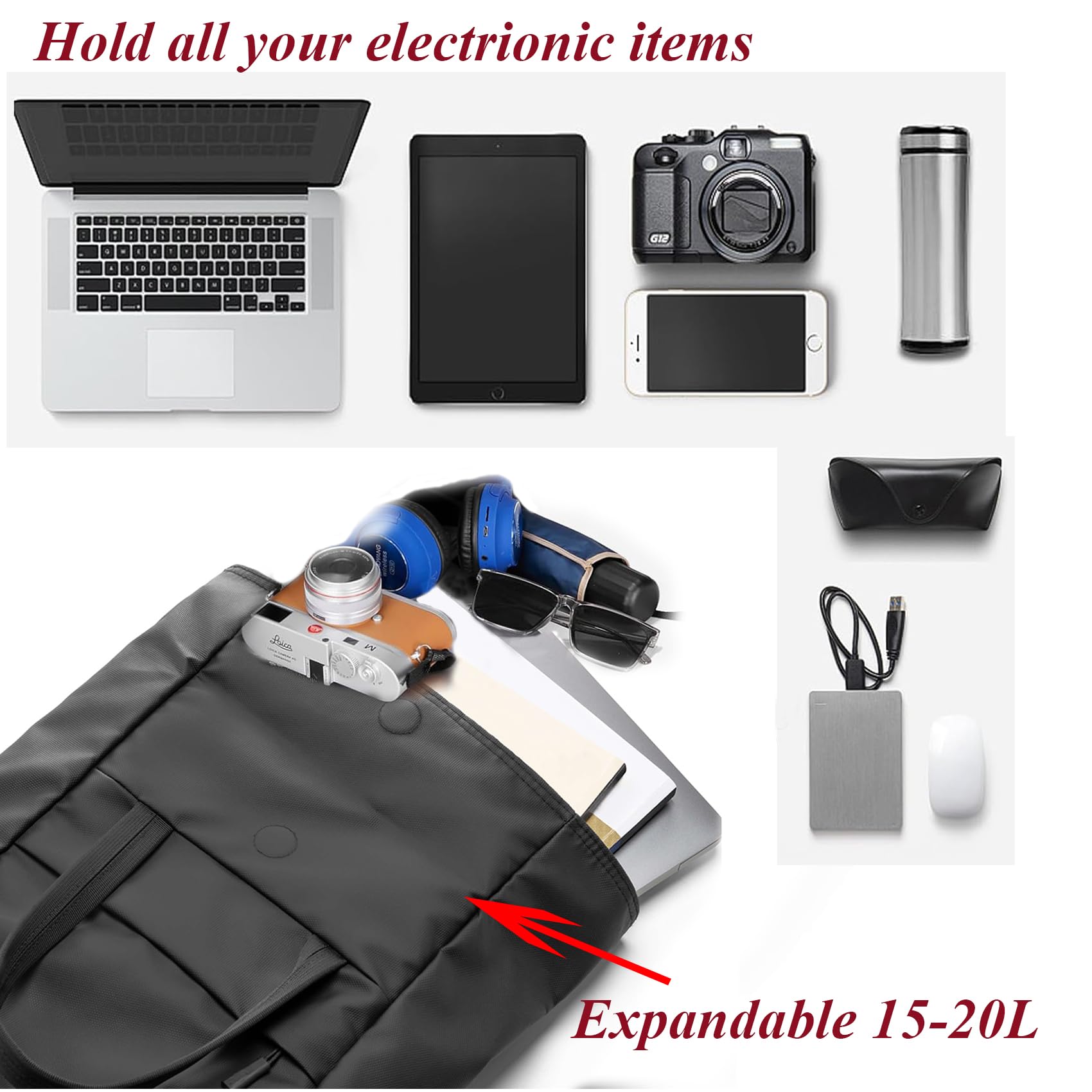Expandable Roll Top Laptop Backpack - Water-Resistant 15-20L Rucksack for 15 Inch Laptops, Adjustable Large Capacity Daypack for Work, Business, College - Ideal for Men & Women in Urban Commuting & Travel