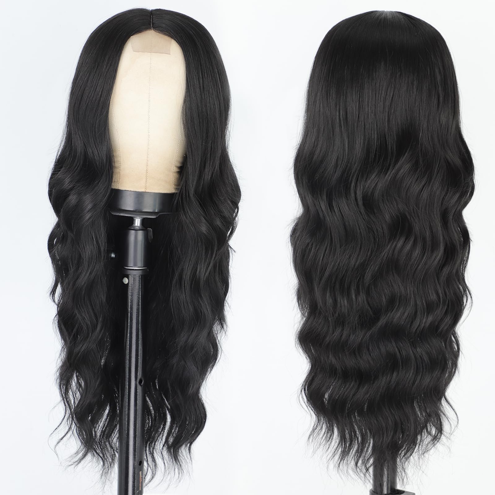 Natural Looking AISI QUEENS Long Black Wigs for Women - Middle Part Curly Wavy Synthetic Heat Resistant Hair Replacement Wig | Perfect for Daily Wear, Parties, Cosplay & Special Occasions