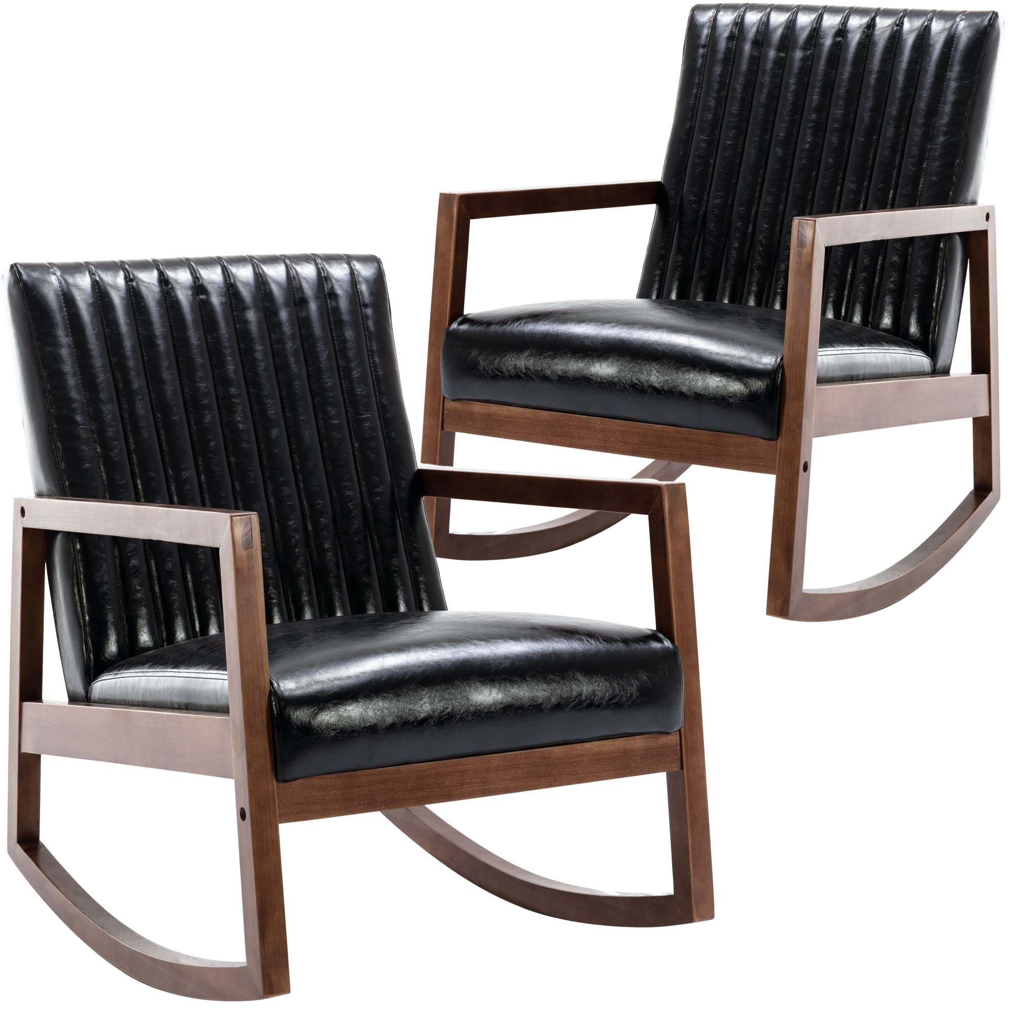Wahson Set of 2 Mid Century Modern Wood Rocking Chairs - Faux Leather Upholstered Farmhouse Nursing & Living Room Rocker - Comfortable Lounge Chair for Bedroom, Nursery, Porch & Patio - Black (Perfect for Relaxing, Nursing Babies or Decorating Farmhouse Living Spaces)