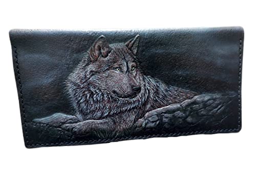 Handmade 3D Genuine Leather Biker Wallet for Men - Custom Engraved & Hand-Painted Long Leather Wallet with Wolf Couple Design - Perfect Gift for Bikers, Travelers & Outdoor Enthusiasts