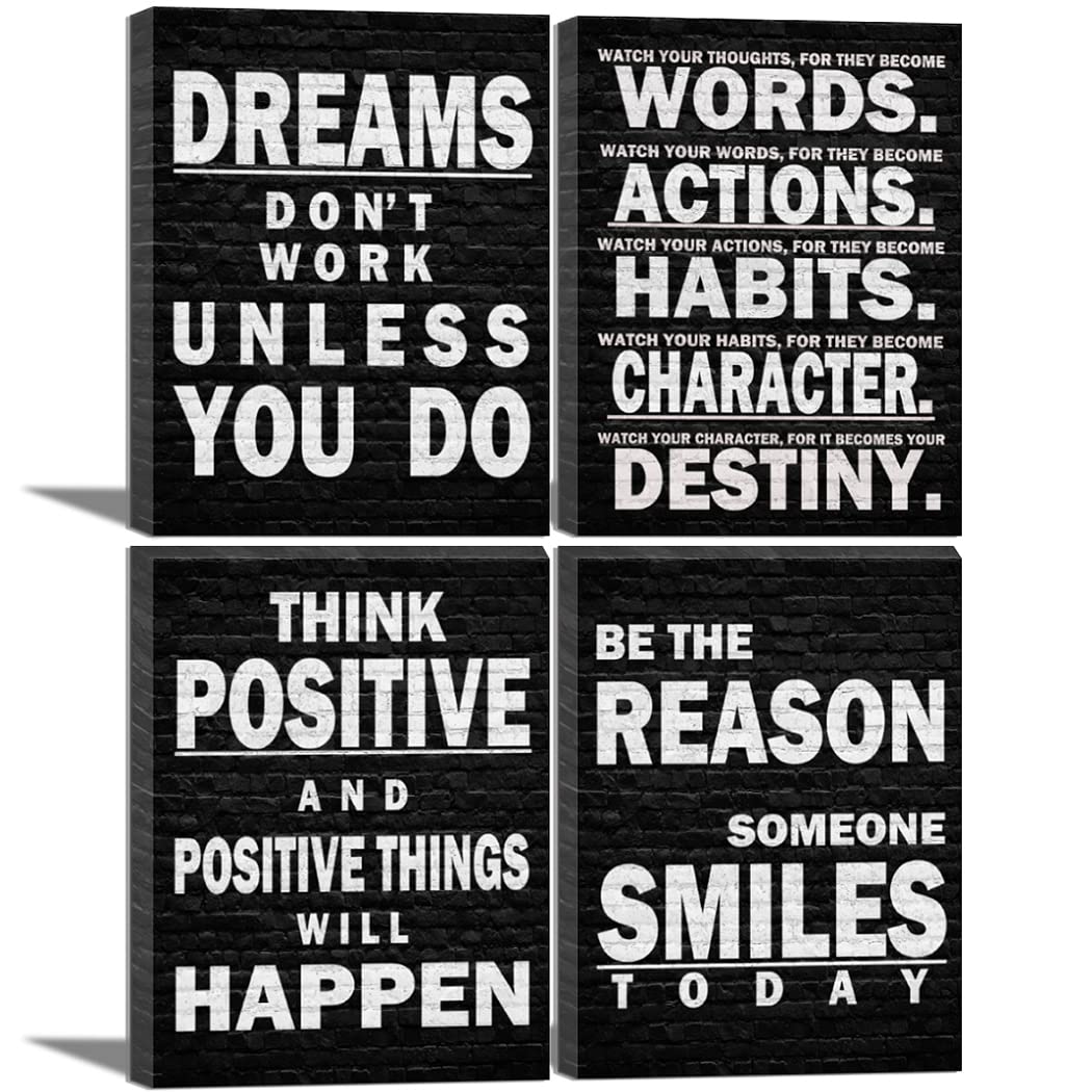 Black and White Motivational Wall Art Posters - Inspirational Quotes for Office, Workplace, Gym & School - Positive Wall Decor Signs (Dreams Don't Work Unless You Do, Watch Your Thoughts, Think Positive) - Perfect for Home Office, Study Room & Fitness Spaces