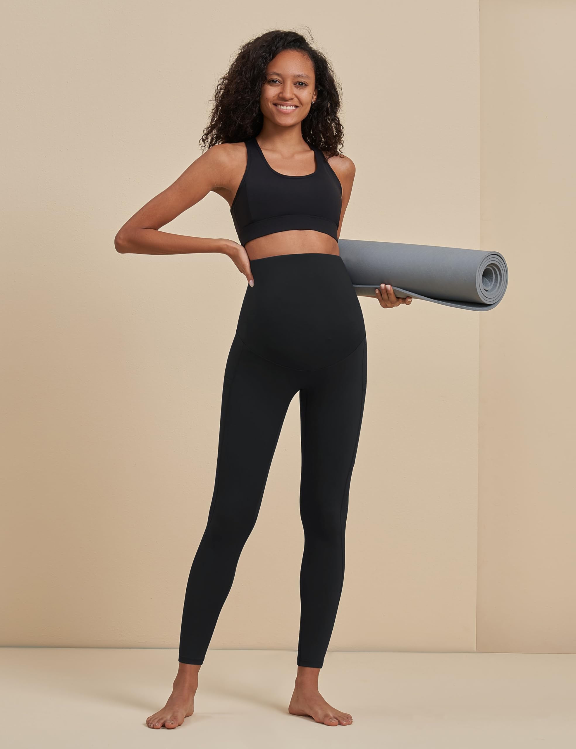 POSHDIVAH Women's Maternity Yoga Pants - Over The Belly Pregnancy Workout Leggings with Pockets - Soft Stretchy Activewear for Gym, Running & Office Wear