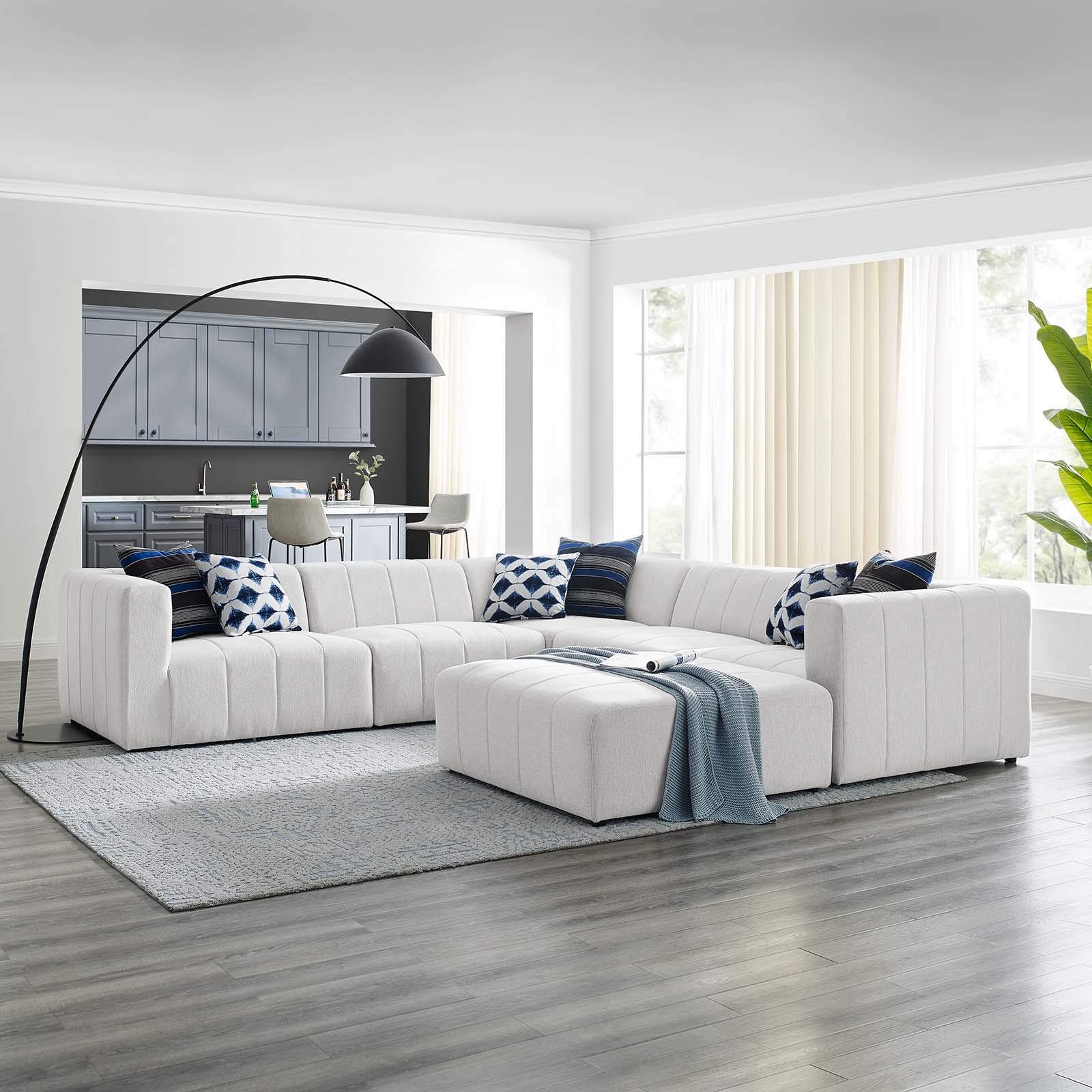 Modway Bartlett 6-Piece Upholstered Sectional Sofa with Chaise in Ivory - Modern Tufted Fabric Living Room Furniture for Family Gatherings & Home Theater