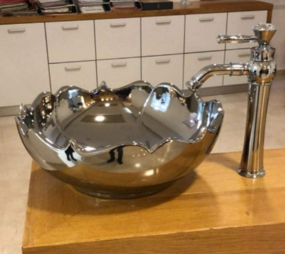 Premium Ceramic Vessel Sink - Modern Countertop Bathroom Basin in Silver/Gold with Floral Design | Perfect for Vanity, Powder Room & Guest Bathroom Decor