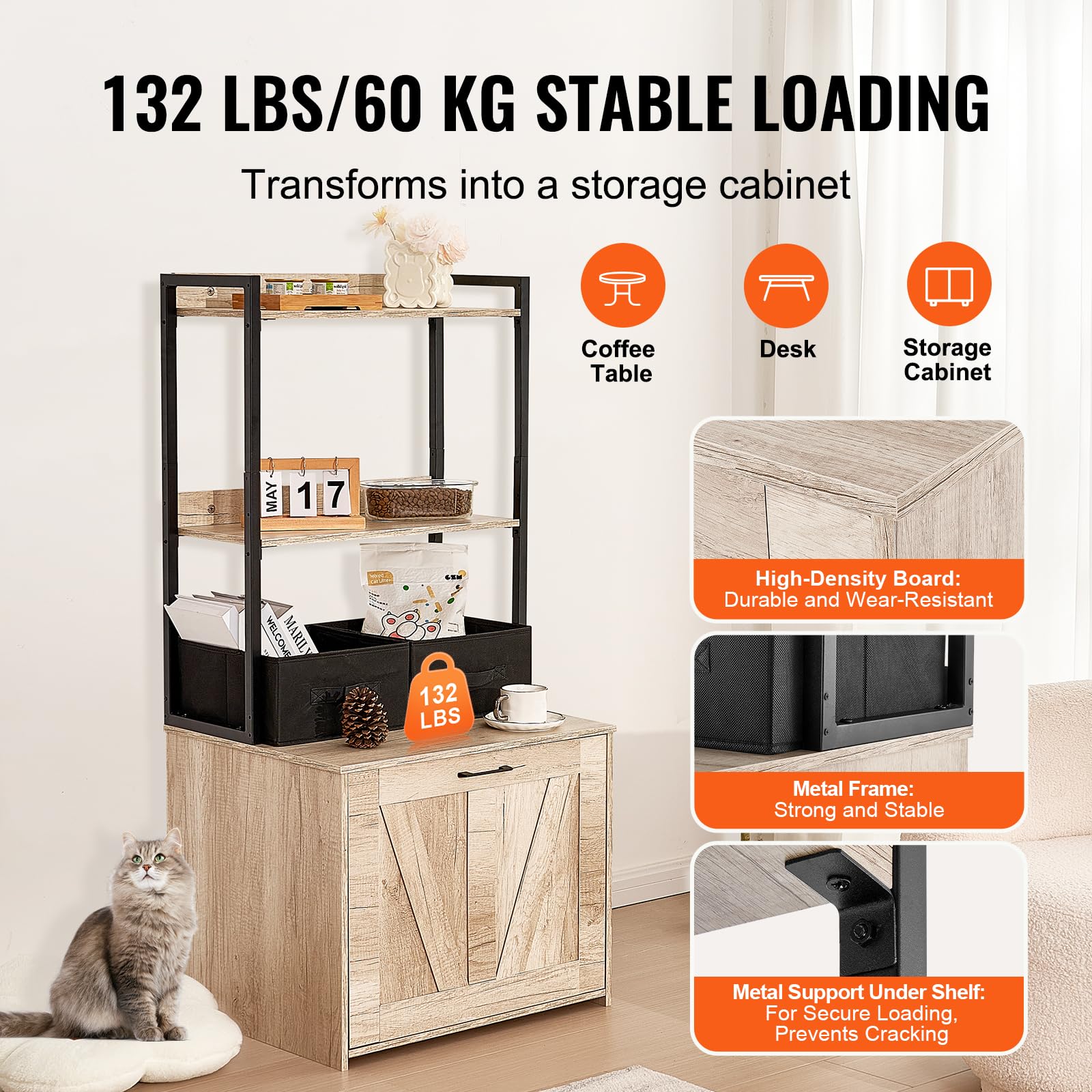 VEVOR Wooden Cat Litter Box Enclosure Furniture with 2 Storage Shelves & Baskets - Hidden Indoor Cat Washroom Cabinet for Large Litter Boxes, 23.6