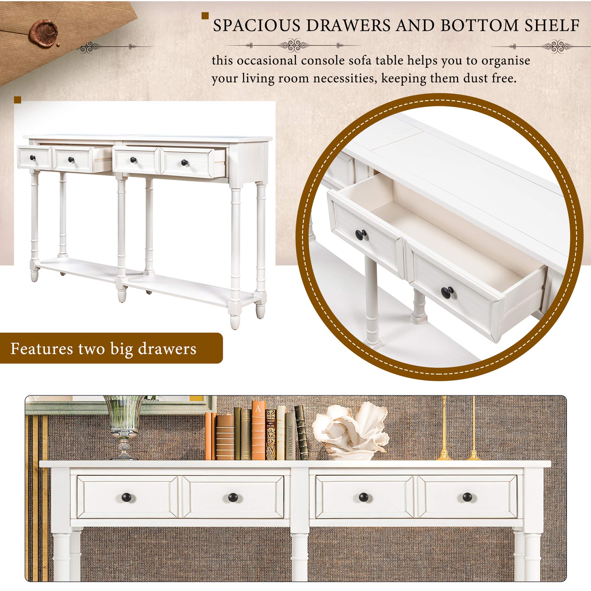 **Merax White Retro Console Table with Drawers & Shelf - Sofa Table, Entryway Table, Living Room Furniture - Perfect for Hallway, Foyer & Small Space Decor**