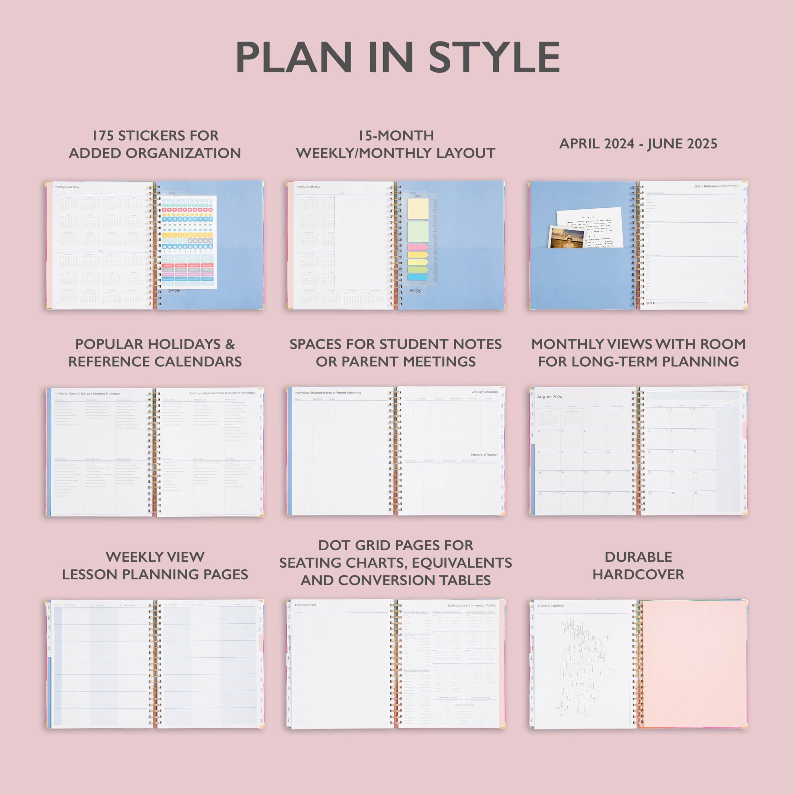 Blue Sky 2024-2025 Teacher Planner - Weekly & Monthly Lesson Organizer, 8.5 x 11 Inch Hardcover Wirebound Calendar, Rainbow Paint Design - Perfect for Classroom Planning, Homeschooling & Teacher Gifts (150649)