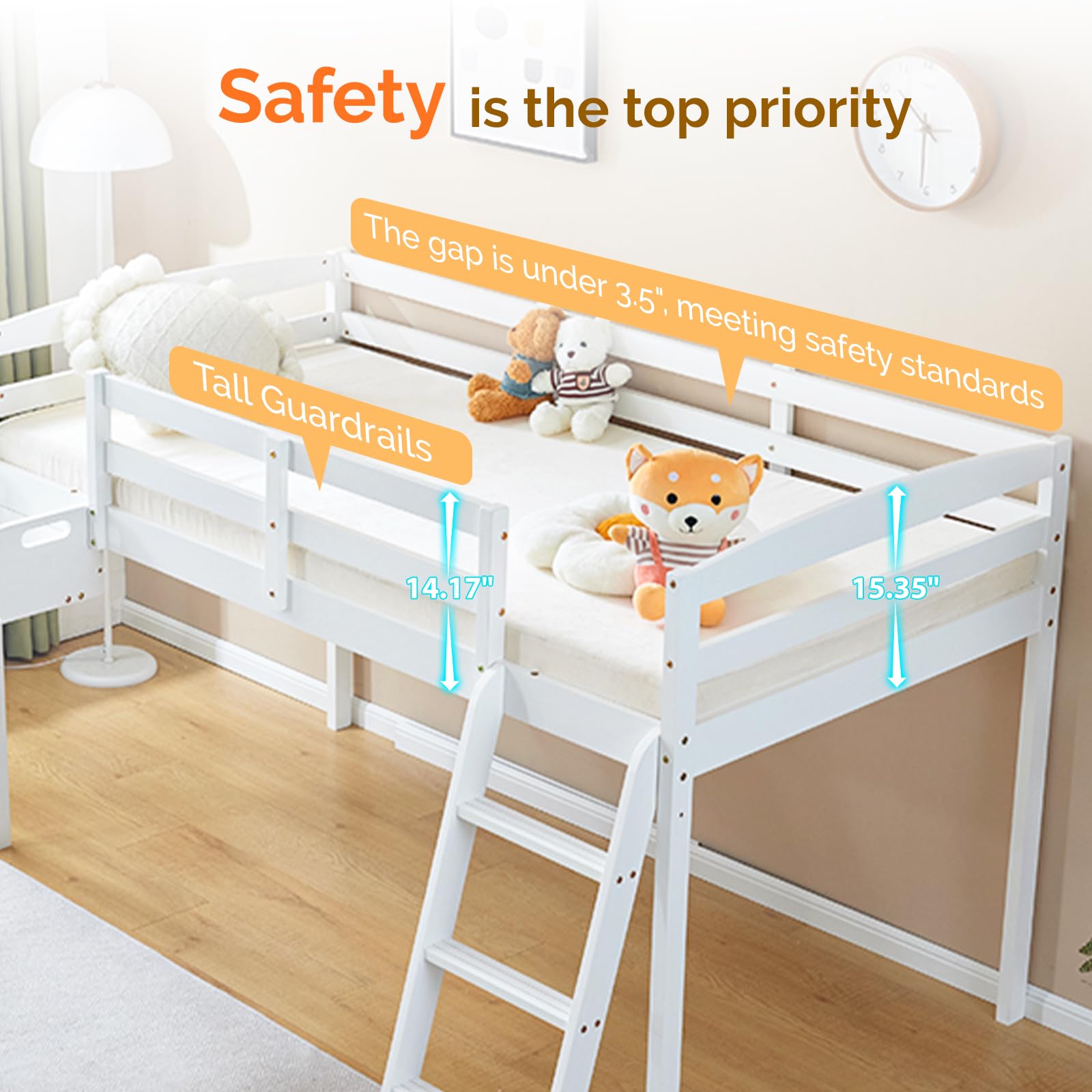 JOYMOR Twin Size Low Loft Bed with Curved Slide & Ladder - Solid Pine Wood Frame, 14