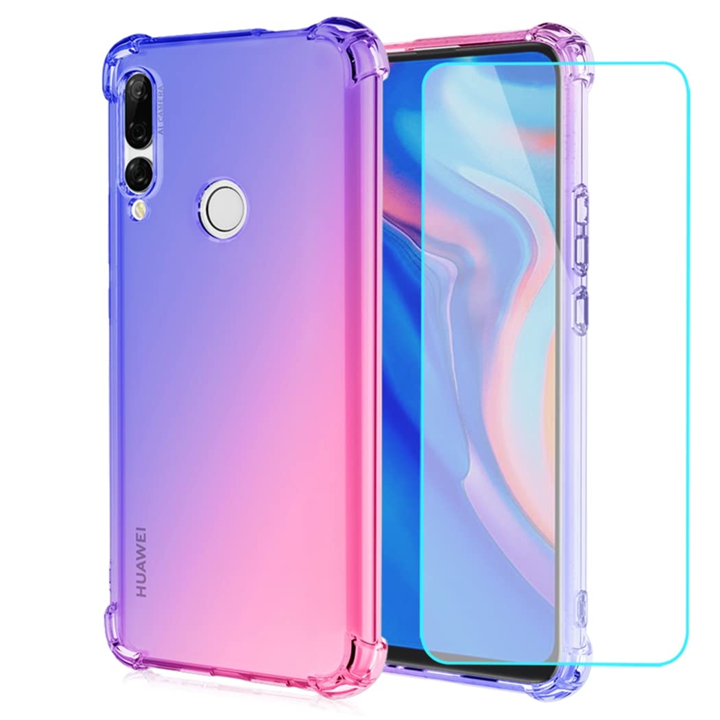 Huawei Y9 Prime 2019 Case with Tempered Glass Screen Protector - Cute Clear Gradient Slim Shockproof TPU Back Cover for Honor 9X/P Smart Z STK-LX1 (Blue/Pink) | Perfect for Daily Protection & Style Enhancement