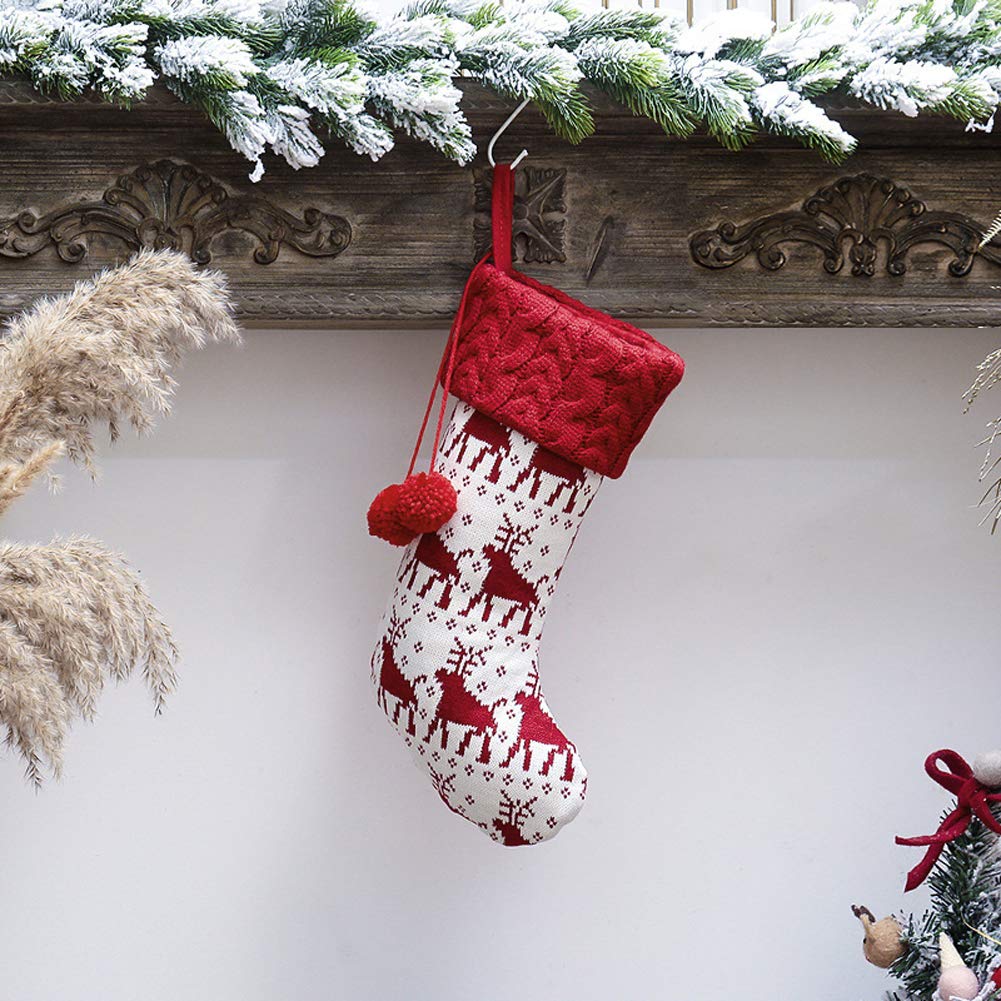 Large Knitted Christmas Stockings - Elk & Tree Design with Pom Poms - 15.7 Inch Fireplace Hanging Decor for Holiday Parties, Home Decoration & Festive Gift Giving