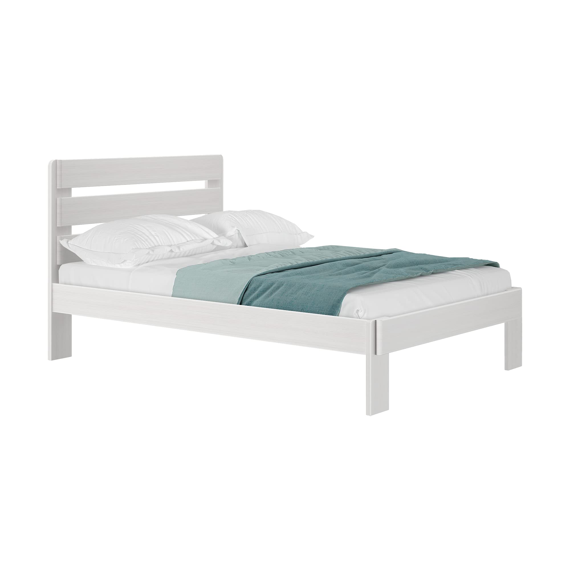 Rustic White Wash Wood Full Bed Frame with Headboard - Solid Platform Bed with Slatted Support for Bedroom, Guest Room & Dormitory