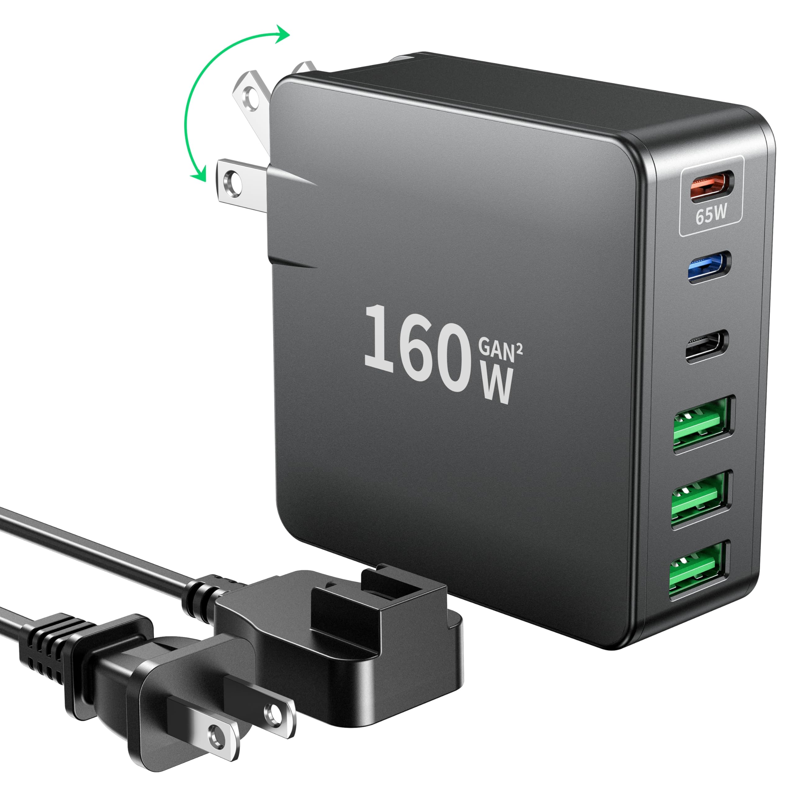160W GaN Fast Charger with 6 Ports, Compact Foldable USB C PD Charging Station for MacBook Pro/Air, iPad Pro, iPhone 15/14/13, Galaxy Note20/S22, Pixel - Perfect for Travel, Office & Home Use