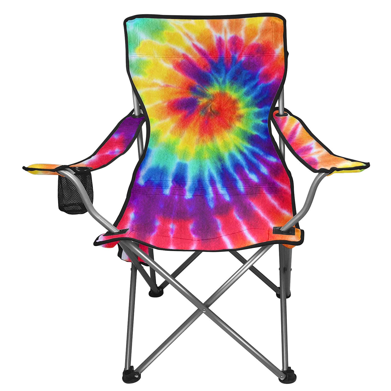 Rainbow Tie Dye Folding Camping Chair with Cup Holder & Storage Pouch - Portable Outdoor Beach Chair Supports 300lbs - Perfect for Camping, Picnics, Beach Trips & Backyard Relaxation