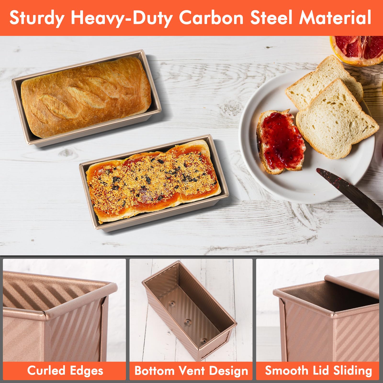 Beasea 2-Pack 0.5 lb Pullman Loaf Pan with Lid - Non-Stick Carbon Steel Mini Bread Toast Box for Homemade Bread, Perfect for Oven Baking, Meal Prep & Gift Giving - Gold