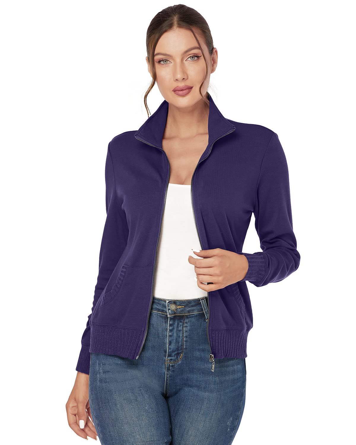 J.Corrine Women's Zip Up Hooded Sweatshirt Jacket - Stand Collar Long Sleeve Athletic Running Track Coat with Pockets - Navy Blue - Perfect for Gym, Jogging & Casual Wear
