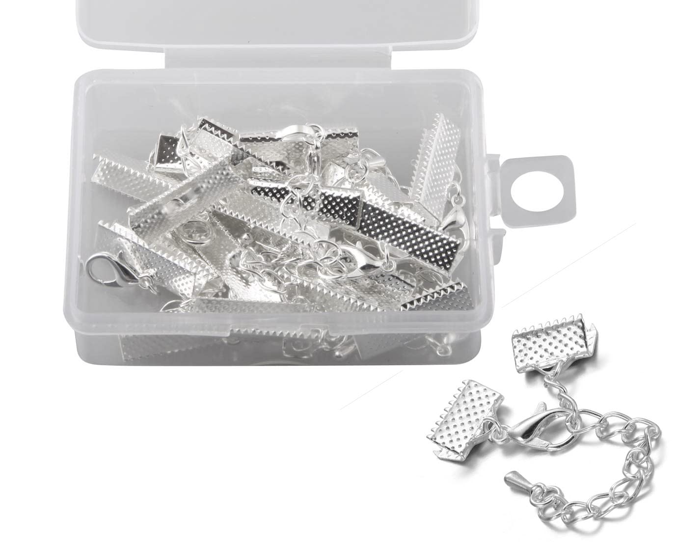 1Box 16mm Silver Ribbon End Clamp Crimps with Lobster Clasp & Extension Chain - DIY Jewelry Making Supplies for Bracelets, Necklaces & Craft Projects (Includes Storage Container)