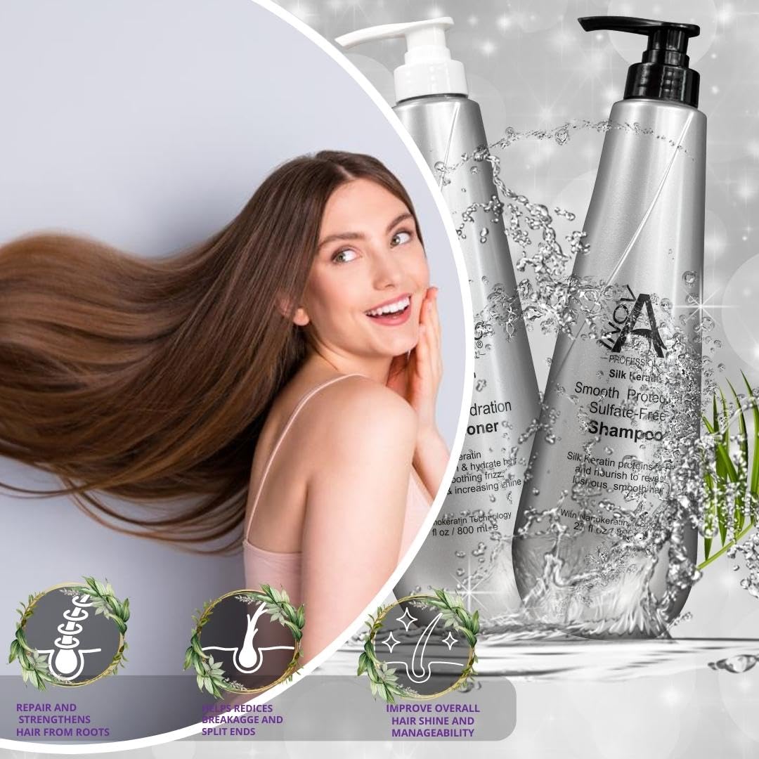 Silk Keratin Shampoo & Conditioner Set - Sulfate-Free Smooth Protection Shampoo & Hydrating Conditioner (27oz) for Dry, Damaged Hair - Salon Quality Hair Care for Frizz Control & Shine Enhancement | Perfect for Daily Use & Color-Treated Hair