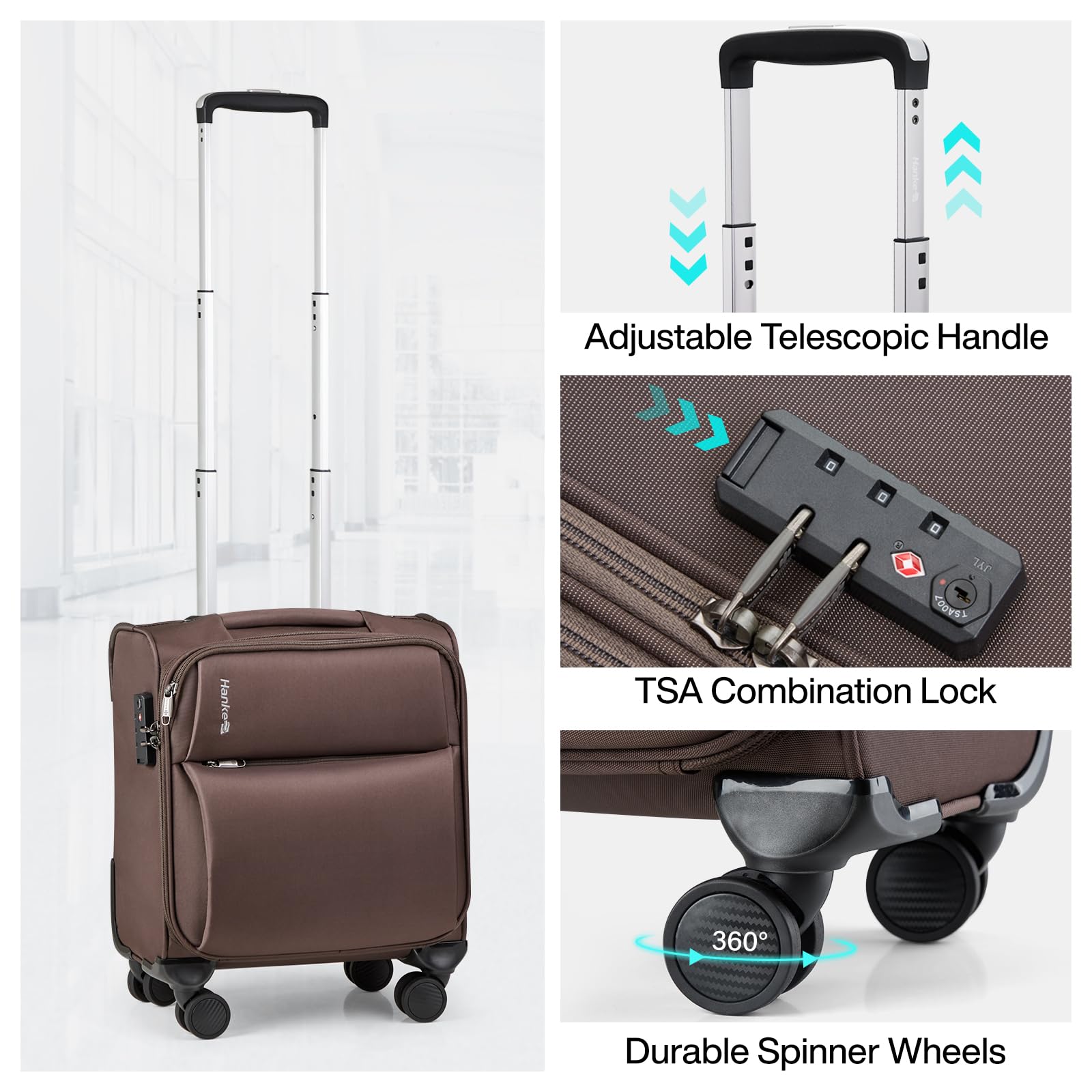 Hanke 16 Inch Underseat Carry On Luggage with Wheels - Softside Small Travel Bag for Airplane, Bus & Train - Perfect for Weekend Trips & Business Travel