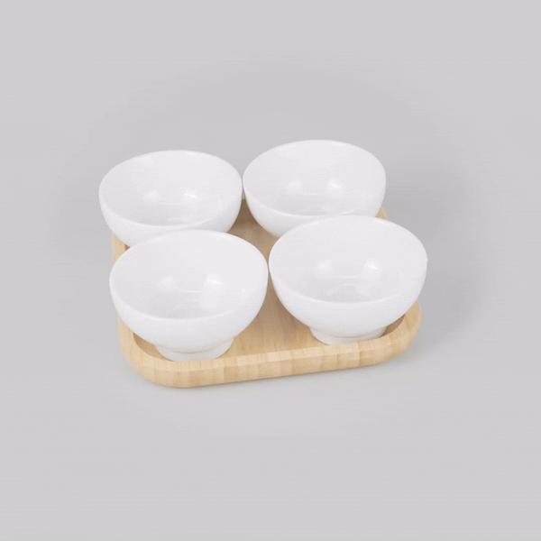 20 oz White Porcelain Coppa Bowl Set with Bamboo Tray - 4 Rectangle Bowls (7x7x2.25 Inches) for Soup, Salad, Pasta & Desserts - Elegant Dinnerware for Home & Restaurant Use