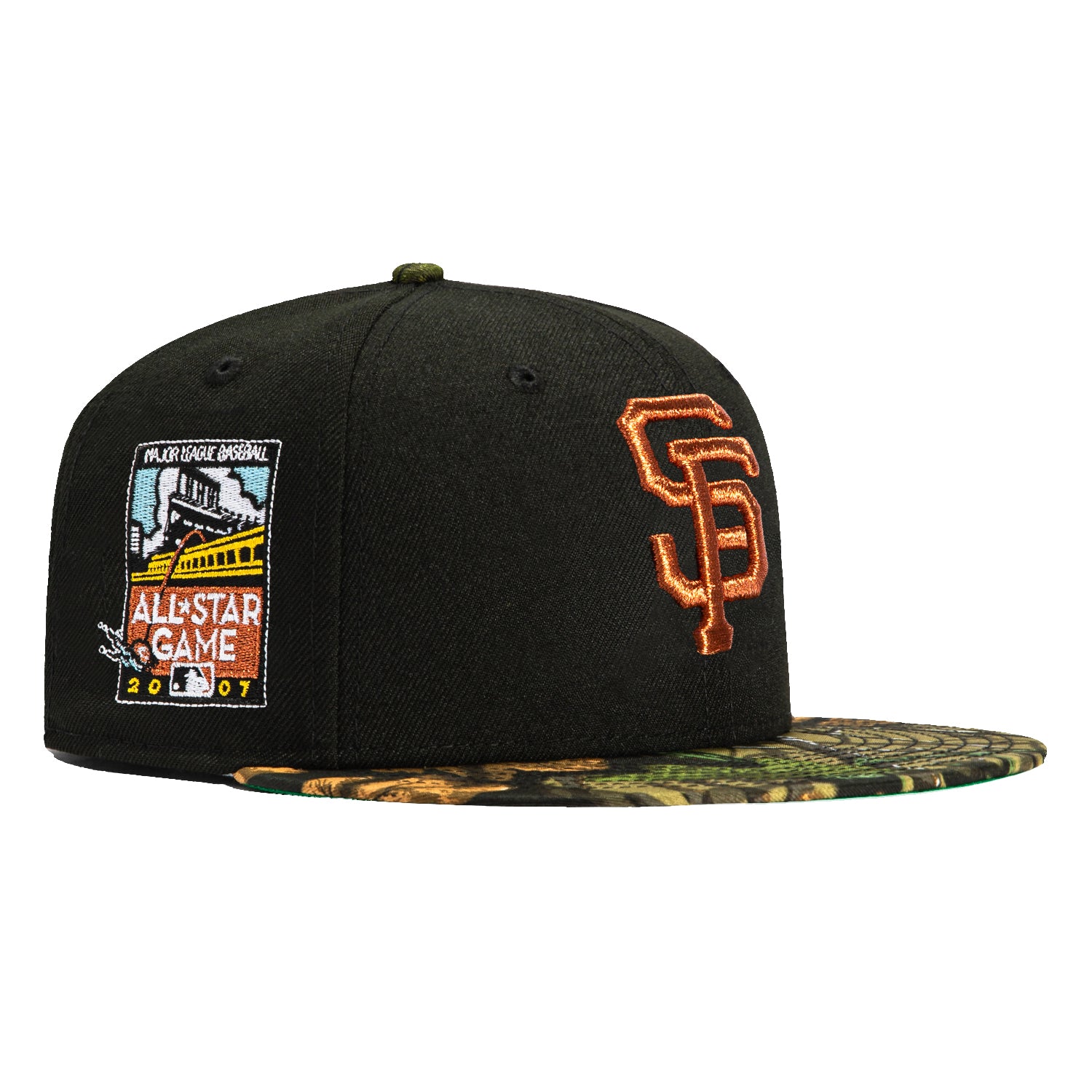 New Era 59Fifty Green Leaf Camo San Francisco Giants 2007 All Star Game Patch Snapback Hat - Black Realtree Camouflage Design | Official MLB Licensed Baseball Cap for Men, Sports Fans & Streetwear Fashion