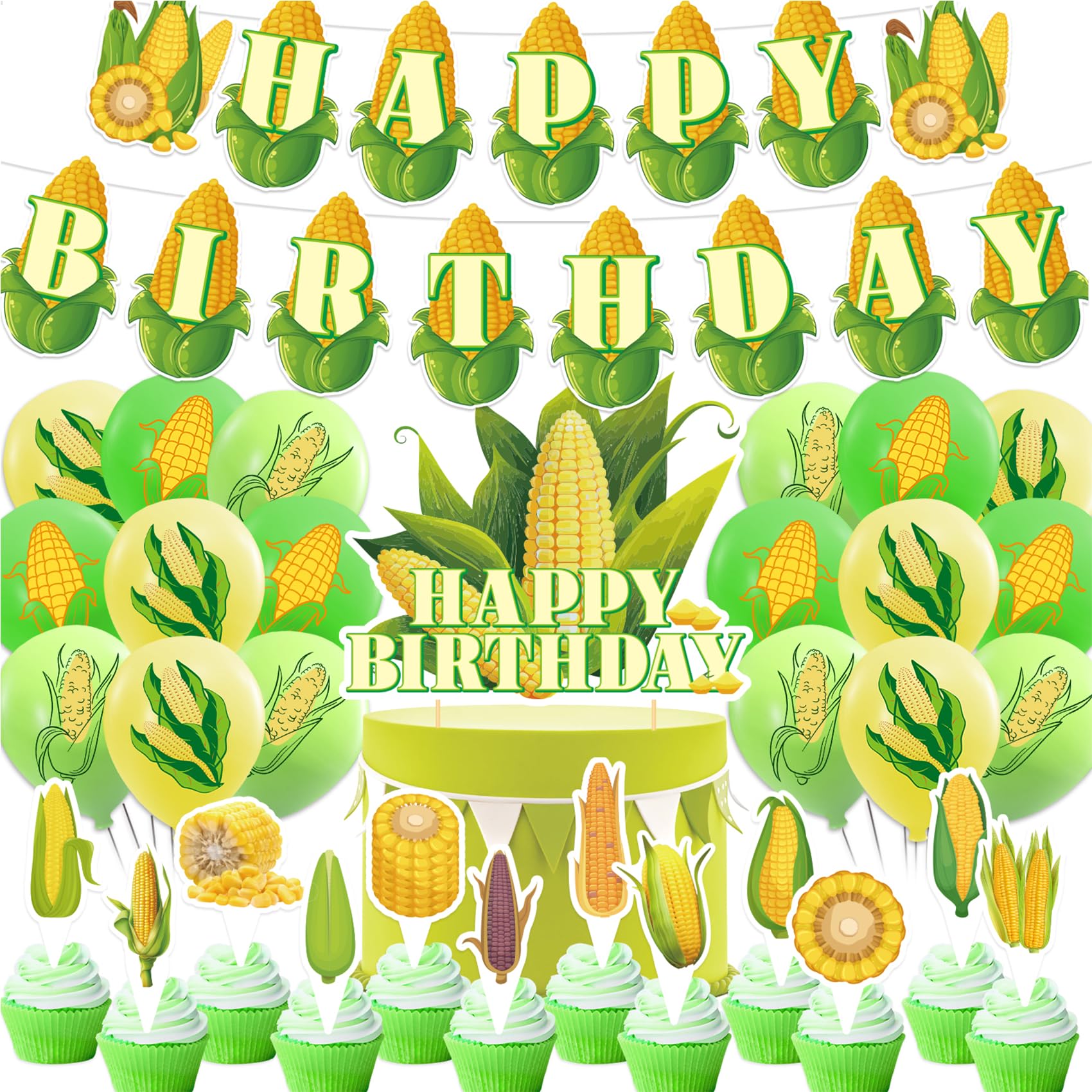 Corn Themed Party Decorations Set - Includes Happy Birthday Banner, Cake Topper, Cupcake Toppers & Balloons for Birthday, Baby Shower, Wedding & Vegetable Themed Parties - Perfect for Farmhouse, Harvest & Fall Celebrations