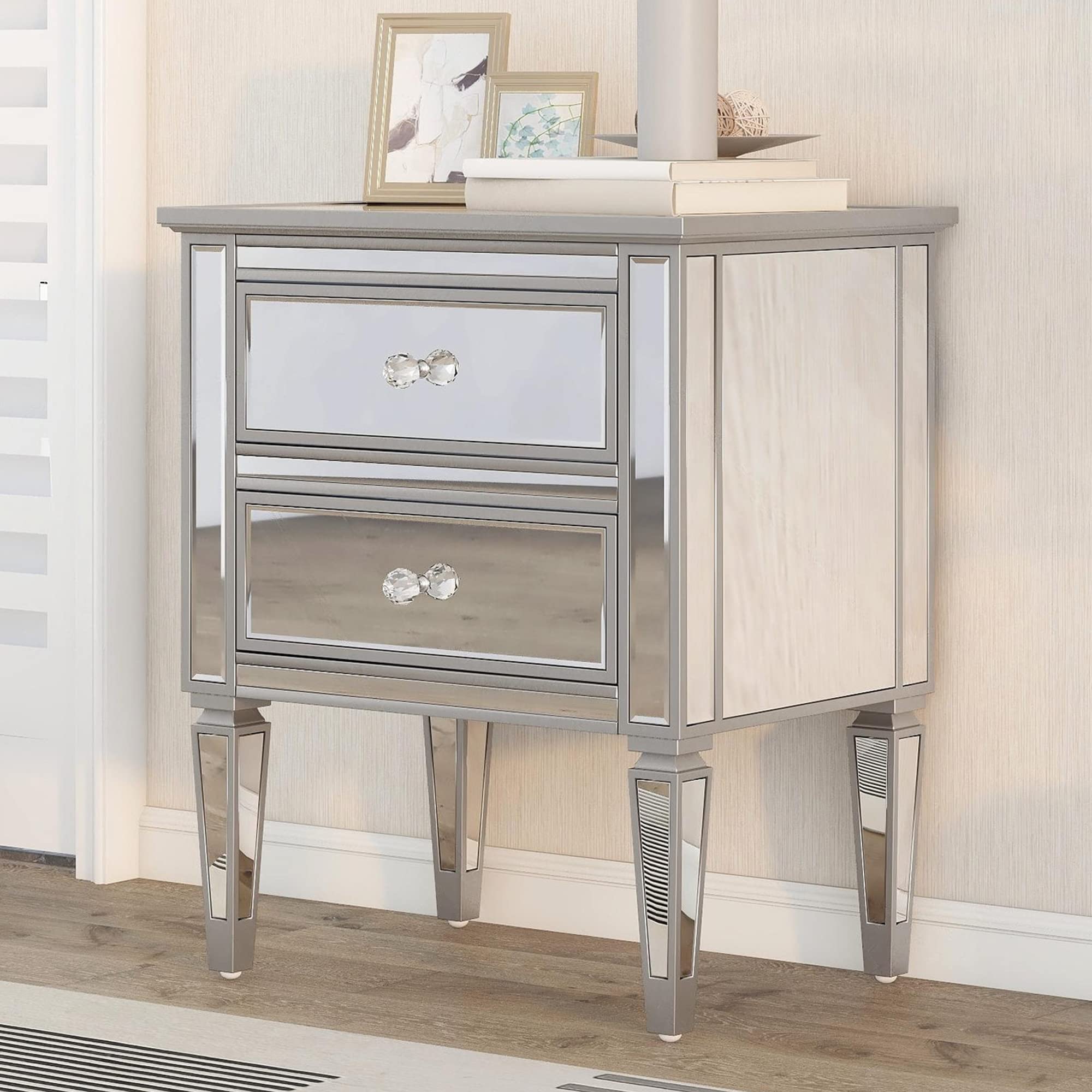 SOFTSEA Modern Mirrored Nightstand with 2 Drawers & Crystal Knobs - Silver Finish Accent Side Table for Bedroom, Living Room - Perfect for Small Spaces, Guest Rooms & Apartment Decor