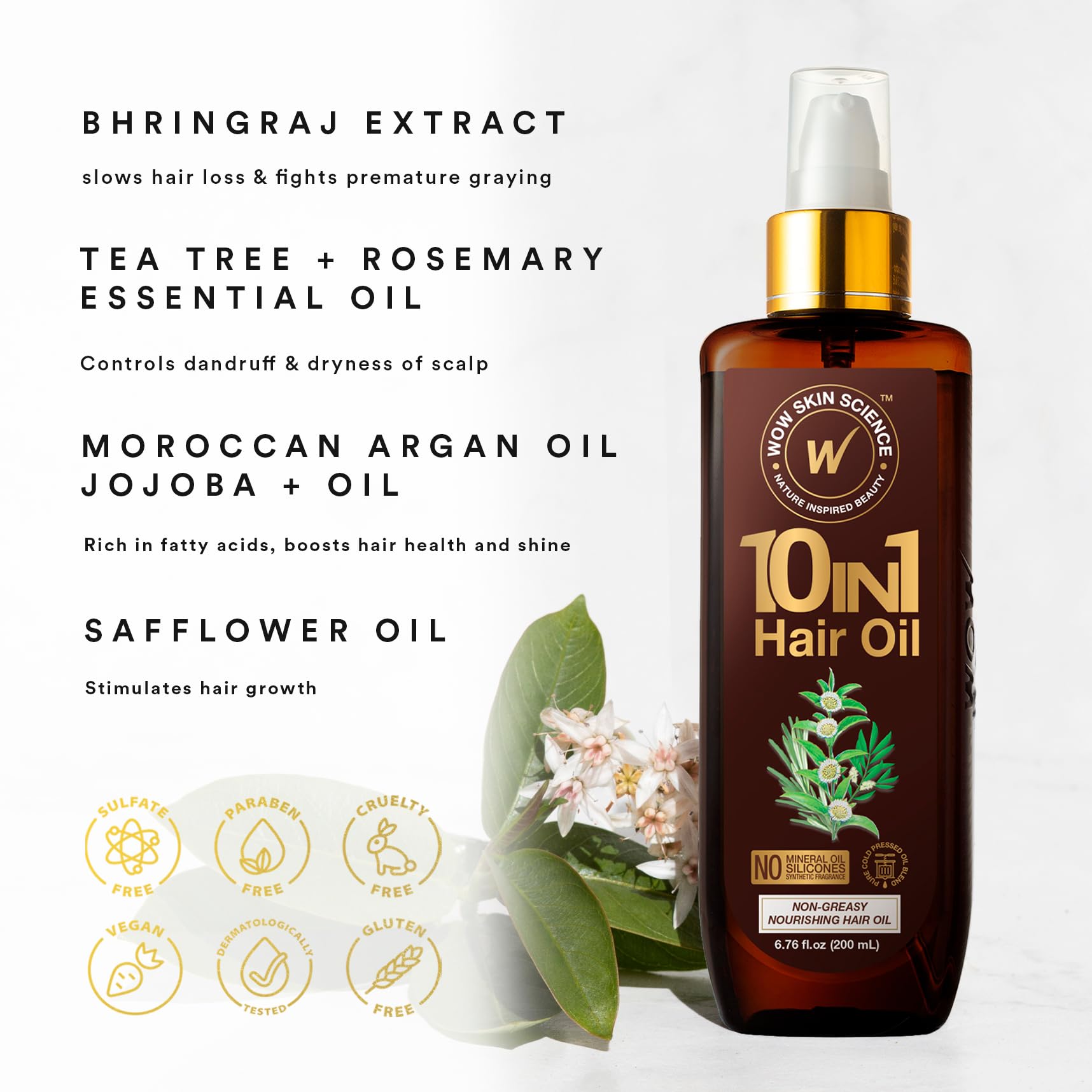 WOW Skin Science 10-in-1 Nourishing Hair Oil with Argan & Rosemary - Repair Dry Damaged Hair, Stimulate Growth - For Women & Men (6.76 Fl Oz) - Perfect for Daily Hair Care, Scalp Massage & Overnight Treatment