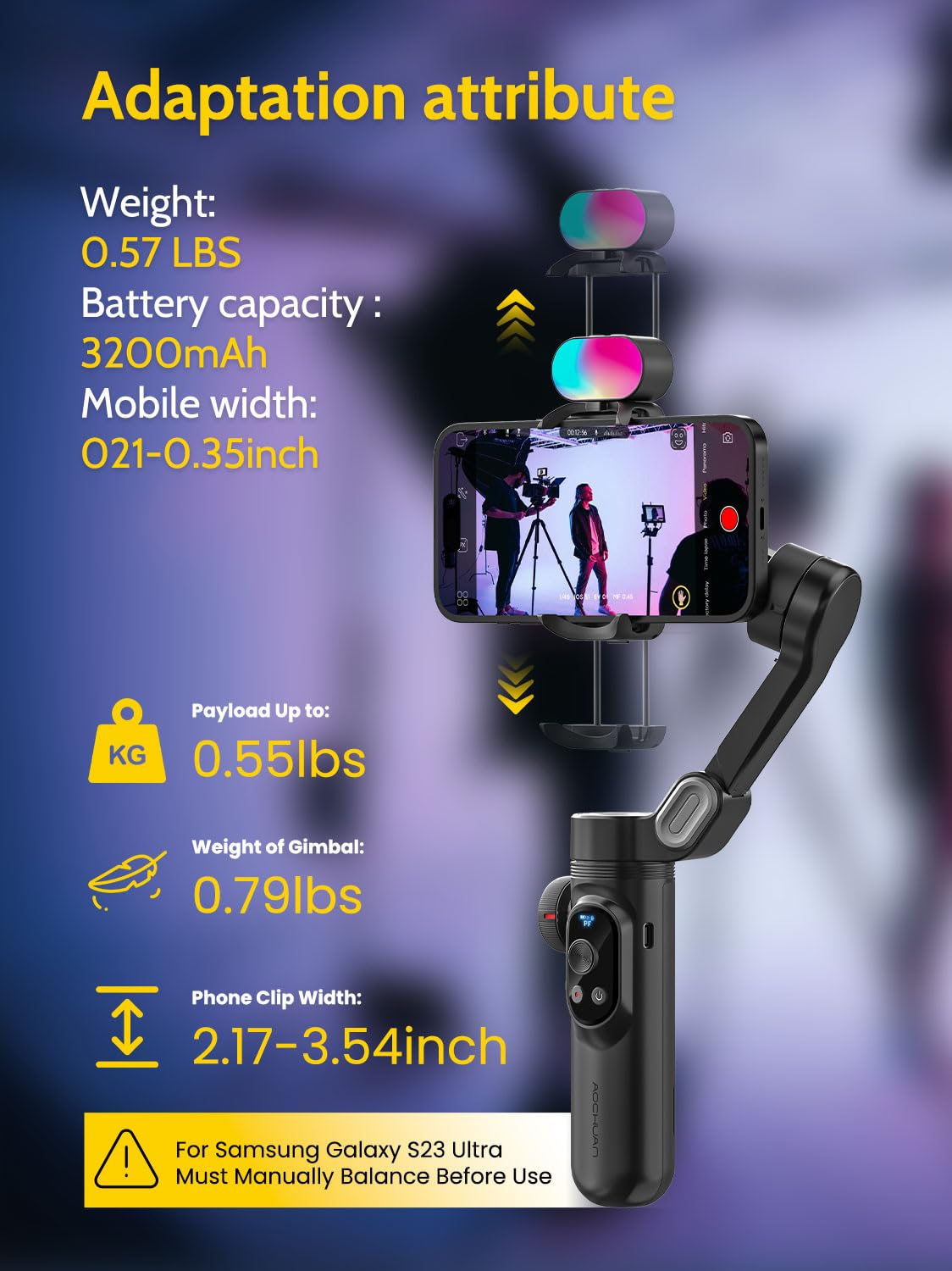 AOCHUAN XPRO KIT Black - Professional 3-Axis Smartphone Gimbal Stabilizer with RGB Magnetic Light & OLED Display for iPhone/Android | Face Tracking, Gesture Control | Perfect for Vlogging, Live Streaming & Content Creation