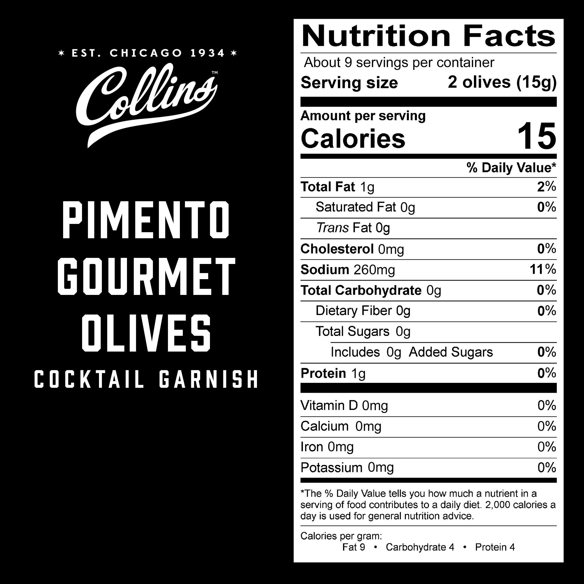 Premium Collins Pimento Stuffed Spanish Queen Olives - Gourmet Cocktail Olives with Pimento Pepper for Dirty Martinis, Charcuterie Boards & Cooking - 4.5oz Jar