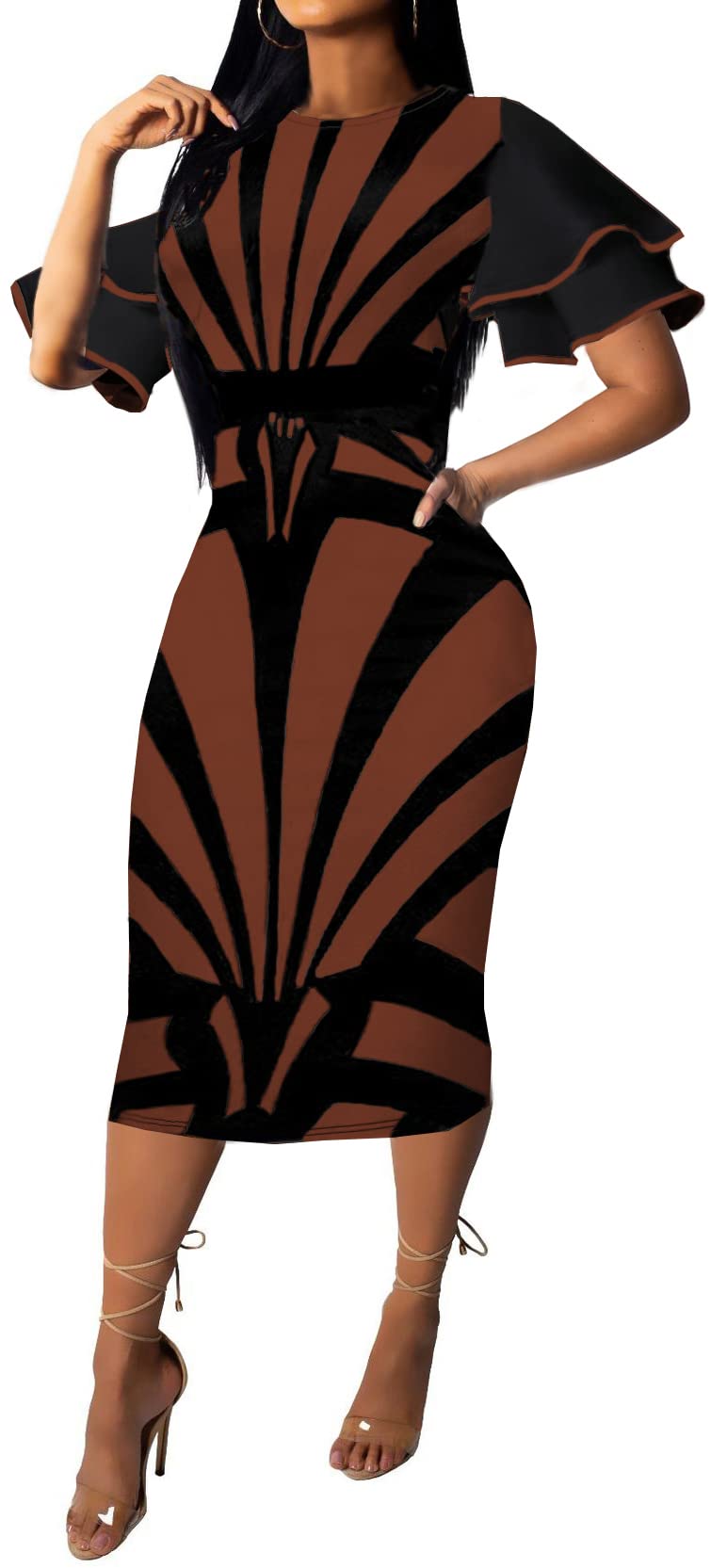 FoveNK Women's Elegant Pencil Dress with Ruffle Sleeves - Business Bodycon Dress for Work, Church & Formal Occasions | Office Wear, Cocktail Party & Special Events Outfit
