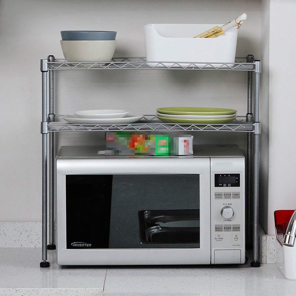 2-Tier Metal Microwave Oven Shelf - Space Saving Kitchen Storage Rack for Spices, Utensils & Cookware - Perfect for Small Kitchens & Pantry Organization