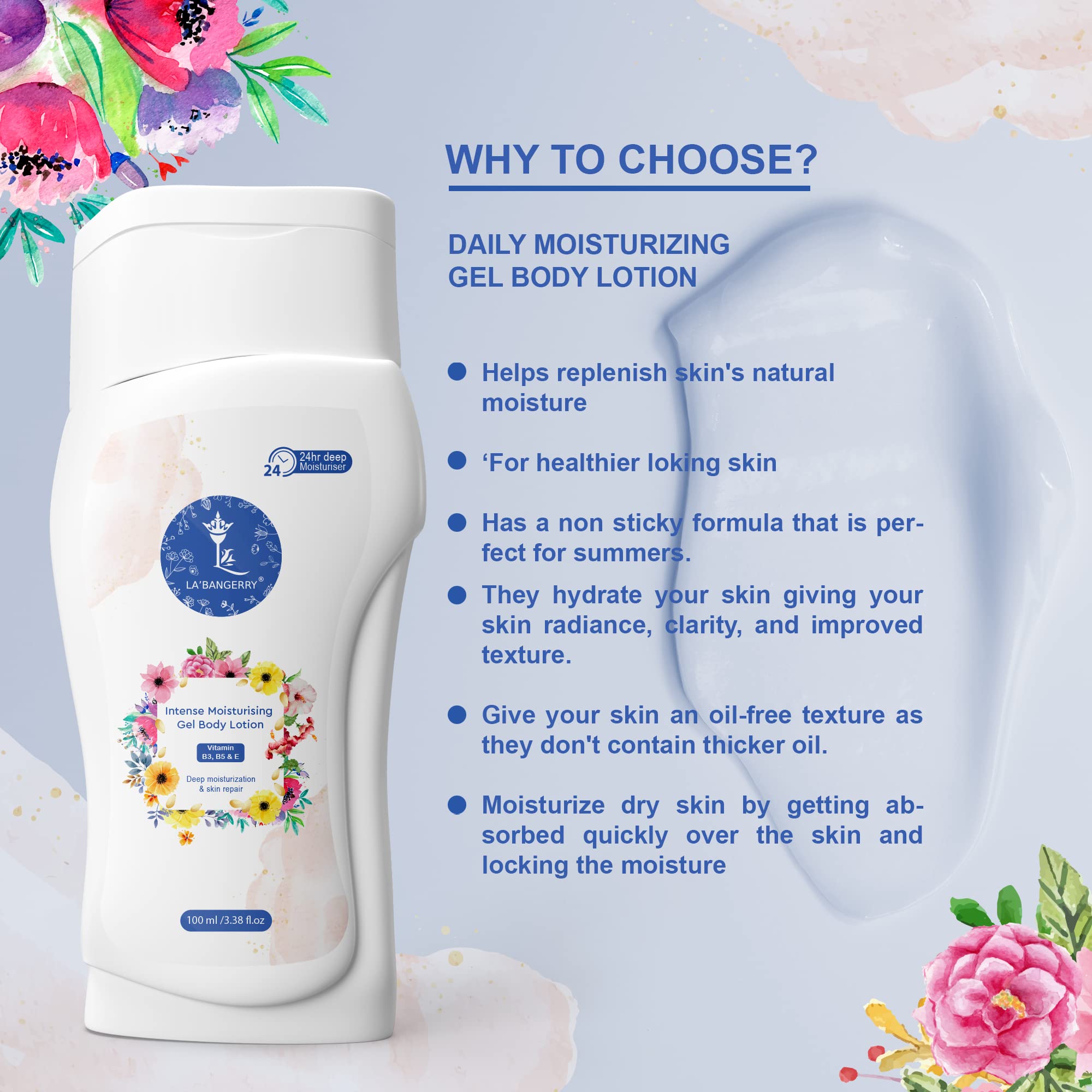 LA'BANGERRY Intense Moisturizing & Cooling Body Lotion - 100ml Hydrating Gel for Dry Skin - Refreshing After Shower Lotion - Daily Moisturizer for Summer Skincare - Post-Workout Recovery & Sunburn Relief - Hot Weather Hydration - Perfect for Beach Days, Outdoor Activities, Gym, Poolside & Travel Essentials - Ideal for Post-Sun Care, Daily Use & Sensitive Skin