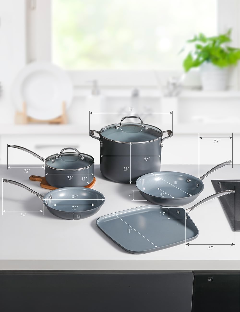 Commercial Chef 7-Piece EcoPan Hard Anodized Aluminum Cookware Set - Non-Toxic Ceramic Non-Stick Pots & Pans with Lids - Induction Compatible, Oven & Dishwasher Safe - PFOA & PTFE Free - Perfect for Home Cooking, Restaurants & Healthy Meal Prep
