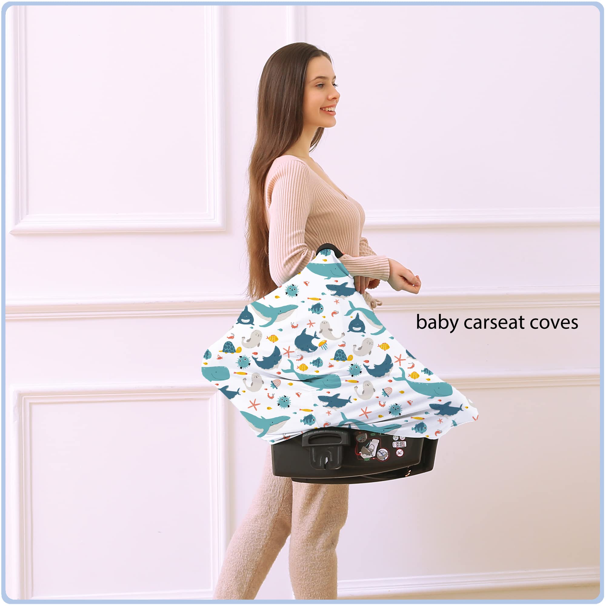Premium Baby Car Seat Covers - Universal Nursing Canopy & Breastfeeding Cover, Soft & Breathable, Perfect Baby Shower Gift for Boys & Girls (Sea World Theme) - Ideal for Travel, Shopping & Outdoor Adventures