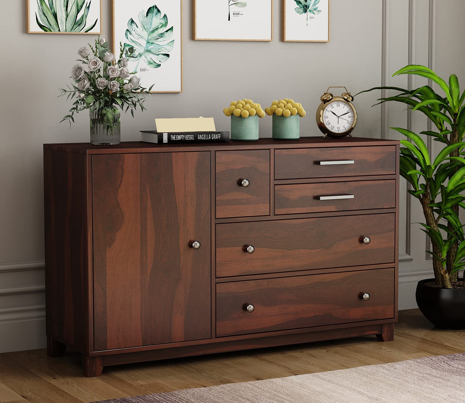 Solid Sheesham Wood Sideboard Cabinet & Chest of Drawers - 4 Drawers & 3 Shelves Storage Unit for Bedroom, Living Room, Dining Room | Multipurpose Wooden Storage Furniture for Home Organization & Display