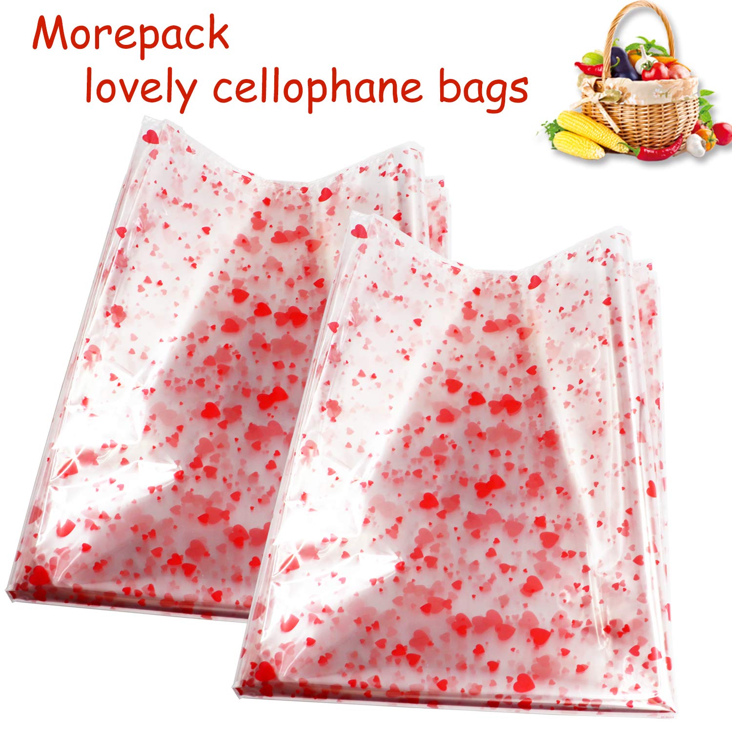 Morepack Clear Basket Bags - 10 Pack 22x32 Inches Large Cellophane Gift Bags with Printed Design | Perfect for Gift Baskets, Party Favors, Wedding Decorations & Holiday Packaging