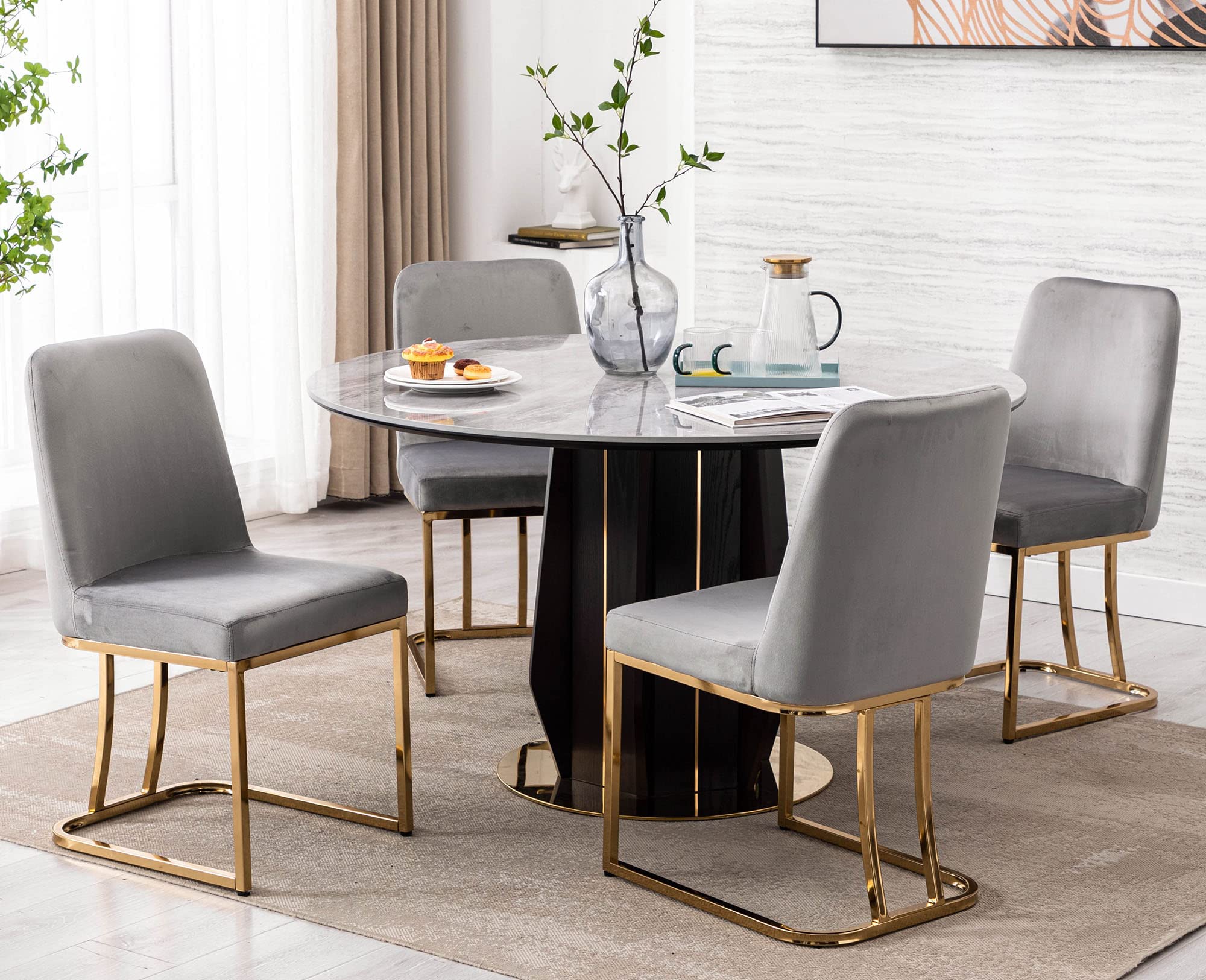 Mid Century Modern Dining Chairs Set of 2 - Velvet Upholstered Side Chairs with Gold Metal Legs, 17.7