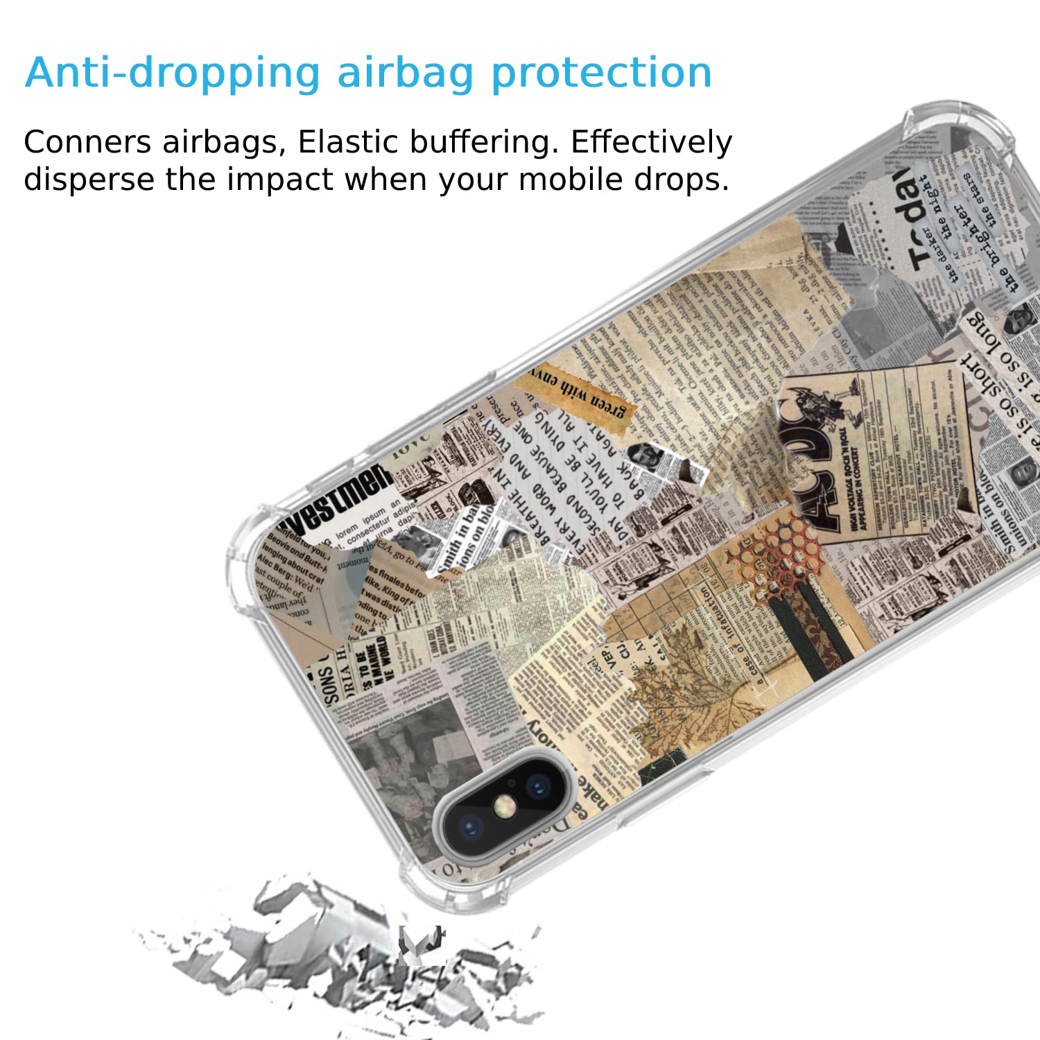 Retro Vintage Newspaper Collage Phone Case Compatible with iPhone Xs/X - Aesthetic Quote Design Soft TPU Bumper Cover for Women Men Teens - Perfect for Daily Use, Travel & Lifestyle Photography