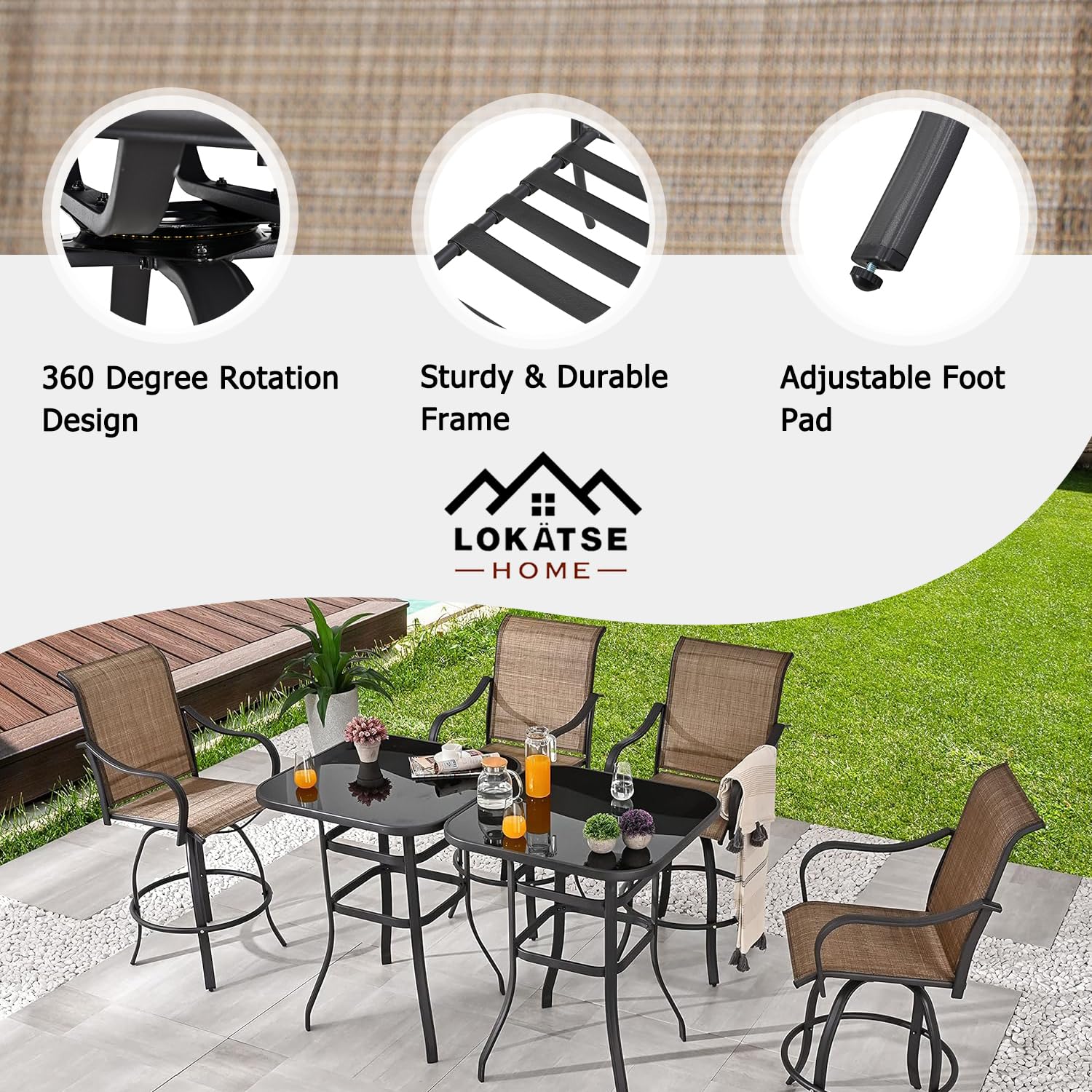 LOKATSE HOME 6-Piece Outdoor Patio Dining Set with Swivel Chairs & Tempered Glass Table - Durable Weather-Resistant Furniture for Poolside, Cafe, Porch, Backyard, and Garden Entertaining