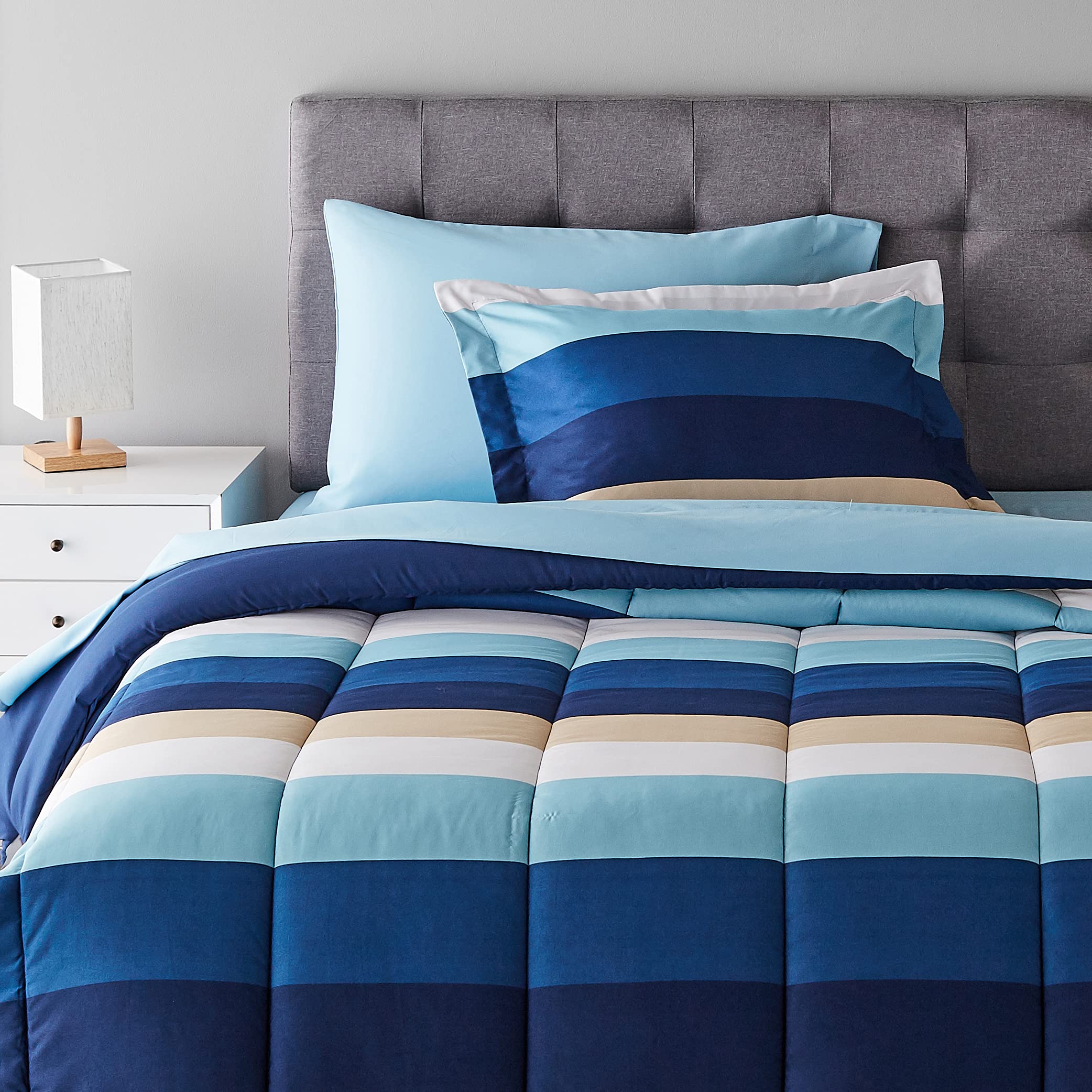 Amazon Basics 5-Piece Lightweight Microfiber Comforter Set with Sheets - Twin/Twin XL Size, Blue Striped Bedding for Kids & Teens, Soft Breathable Bed-in-a-Bag for Dorm Rooms, Guest Beds & Everyday Comfort