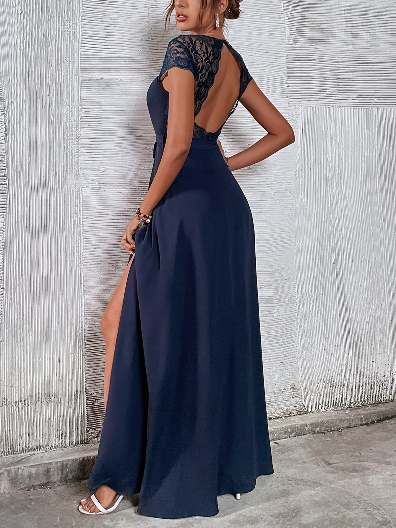 FDSUFDY Women's Summer Dress 2022 - Contrast Lace Backless Belted Wrap Hem Midi Dress (Medium) | Beach Wedding, Party & Casual Wear