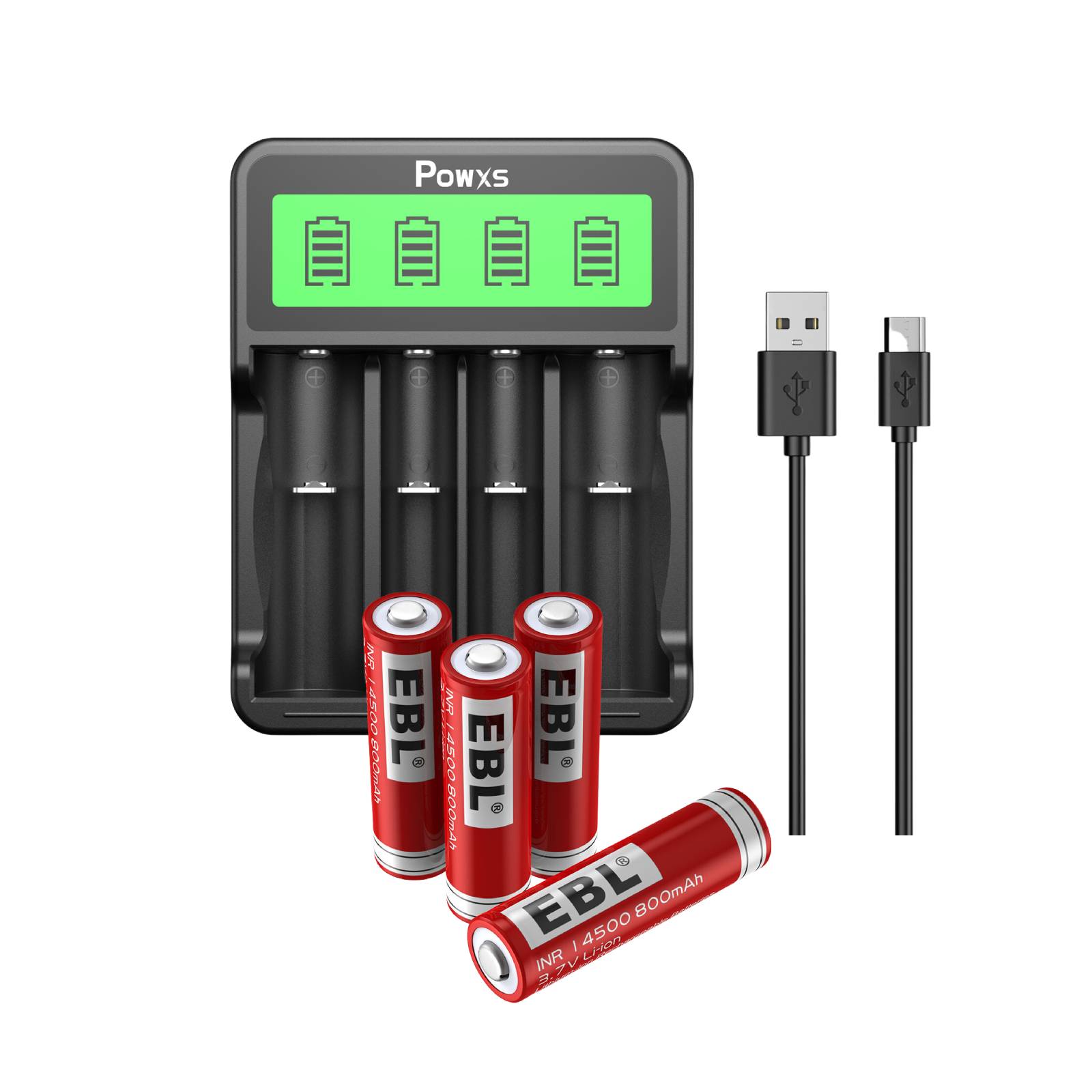Universal 4-Slot Battery Charger with 4 Pcs 14500 Li-ion Rechargeable Batteries - Fast Charging for Flashlights, Cameras & Electronics